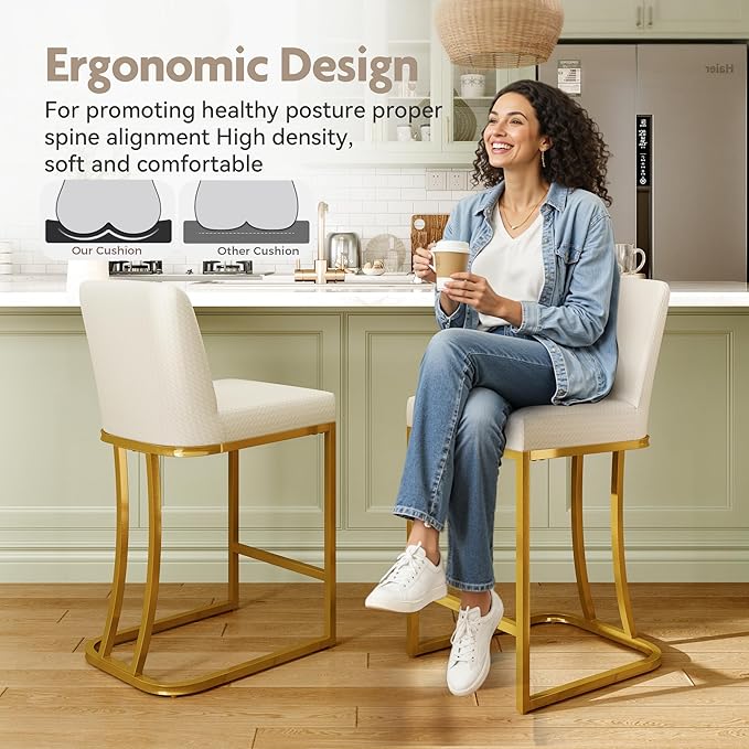 MAISON ARTS Off White & Gold Counter Height Bar Stools with Back Set of 3 for Kitchen Counter 24 Inch Modern Upholstered Faux Leather Barstools Farmhouse Bar Chairs Luxury Island Stools Support 330LBS