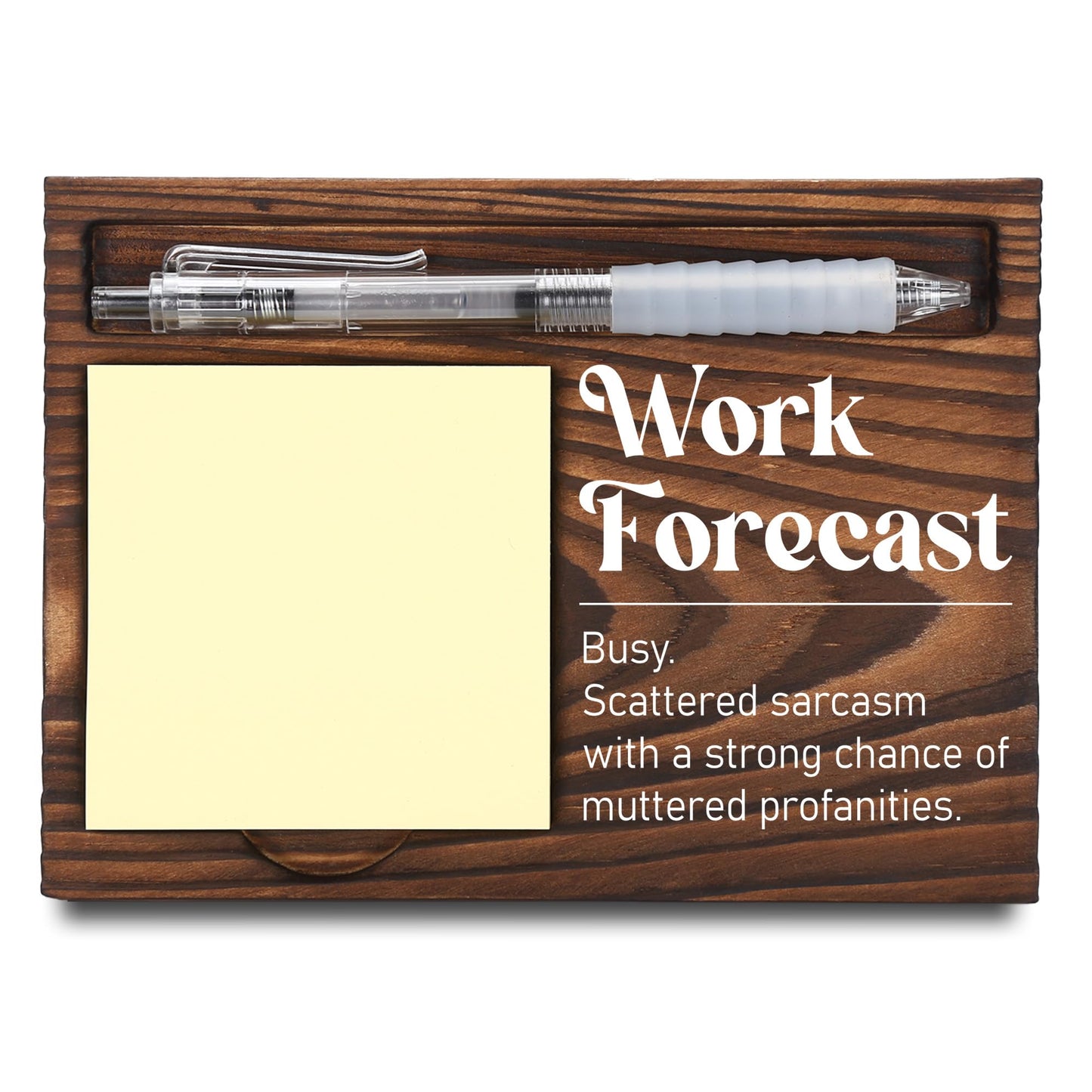 Funny Office Work Gifts for Coworker, Sarcastic Gag Going Away Farewell Gifts, Work Forecast Sticky Note Holder, Post-it Note Dispenser for Desk, Wooden Post-it Note & Pen Holder 6.5" x 4.7" - FTA110