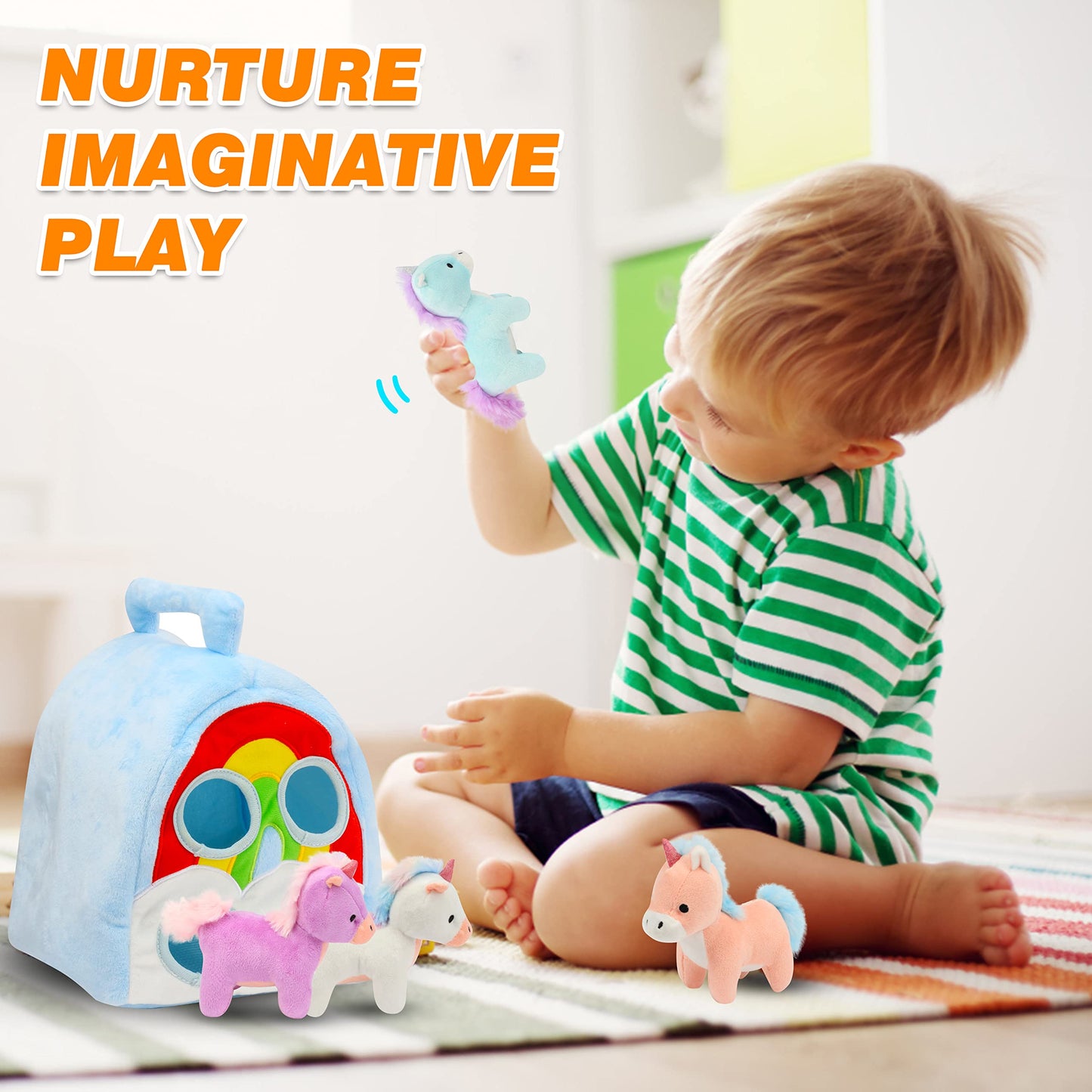 Hopearl Magic Unicorn House Interactive Plush Toy Set Fun Playhouse for Toddlers Early Learning Educational Gift for Kids Cute Pony Hide & Seek Game, 11''