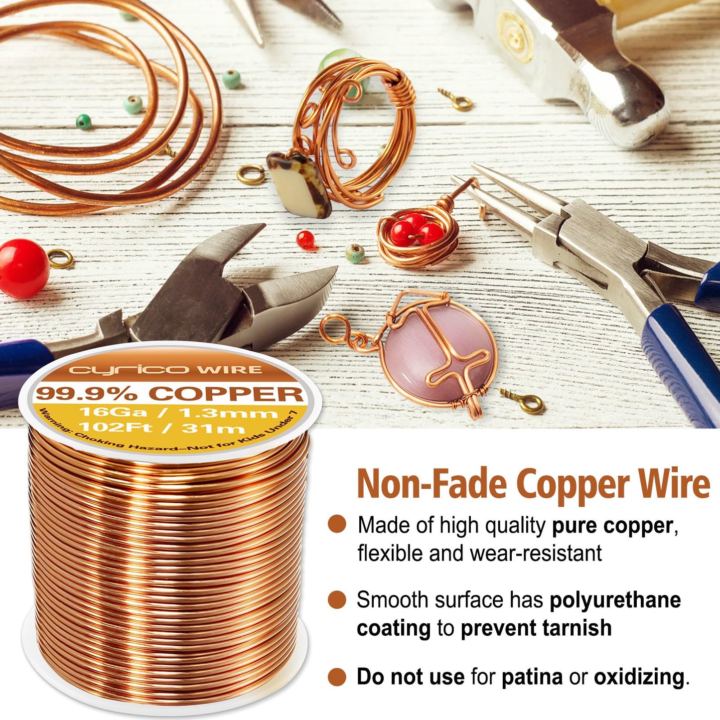 99.9% Pure Copper Wire, 16 Gauge 102 Feet Solid Copper Wire for Jewelry Making Crafts, Electroculture Gardening Antenna, Cyrico Bendable Soft Wire for Plants