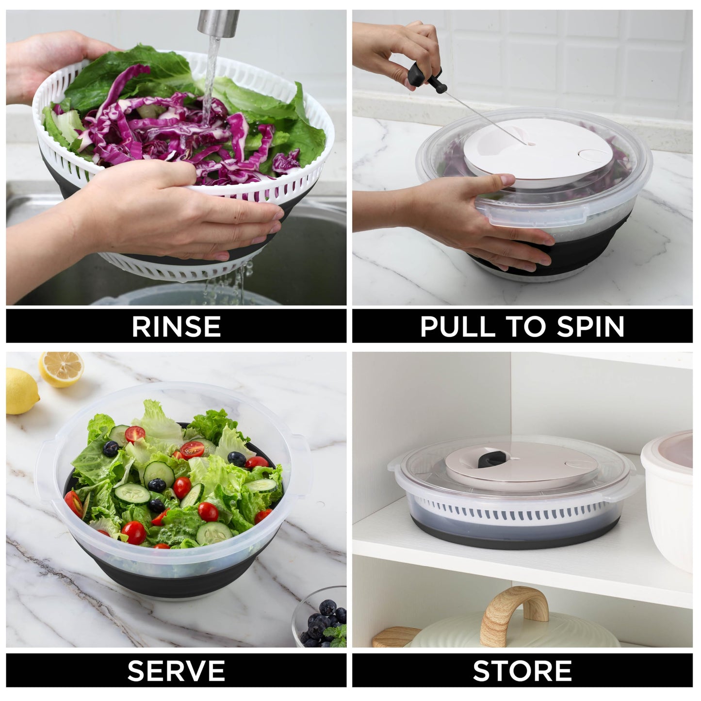 COOK WITH COLOR Collapsible Salad Spinner - 4 QT Space Saving Lettuce Dryer with Folding Collapsible Colander Great for Washing and Drying Fruit and Vegetables (Black)