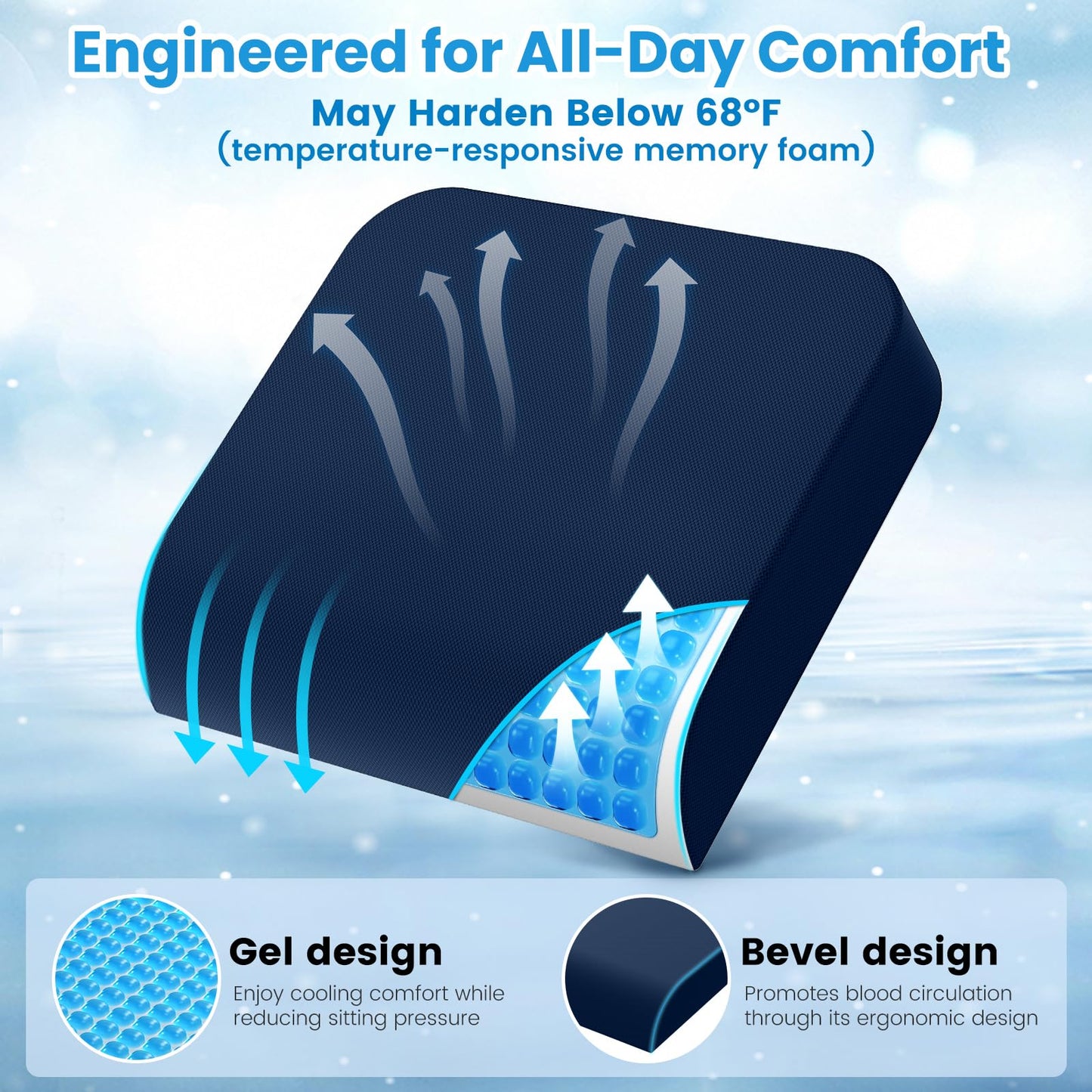 ComfyInLove Wheelchair Seat Cushion - Cooling Gel & Memory Foam Office Chair Cushion with Non-Slip Bottom & Washable Cover, Ergonomic Car Seat Pillow for Sciatica, Tailbone, Back Comfort (Navy Blue)