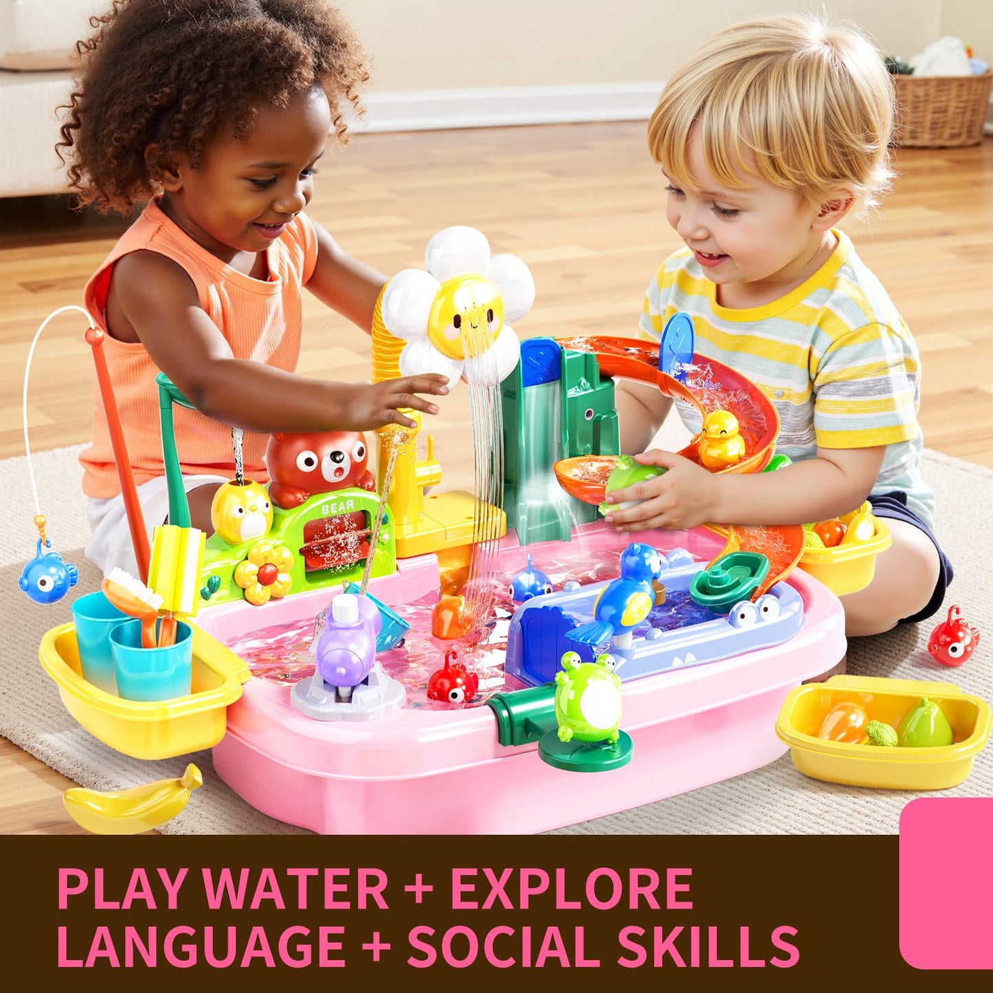 Pupu Pig Water Table Play Sink Toys for Toddlers, Kids Play Kitchen Sink with Running Water, 360° Electric Faucet, Floating Fishing Game, Sensory Water Table Toys for Boys Girls Summer Gifts - Pink