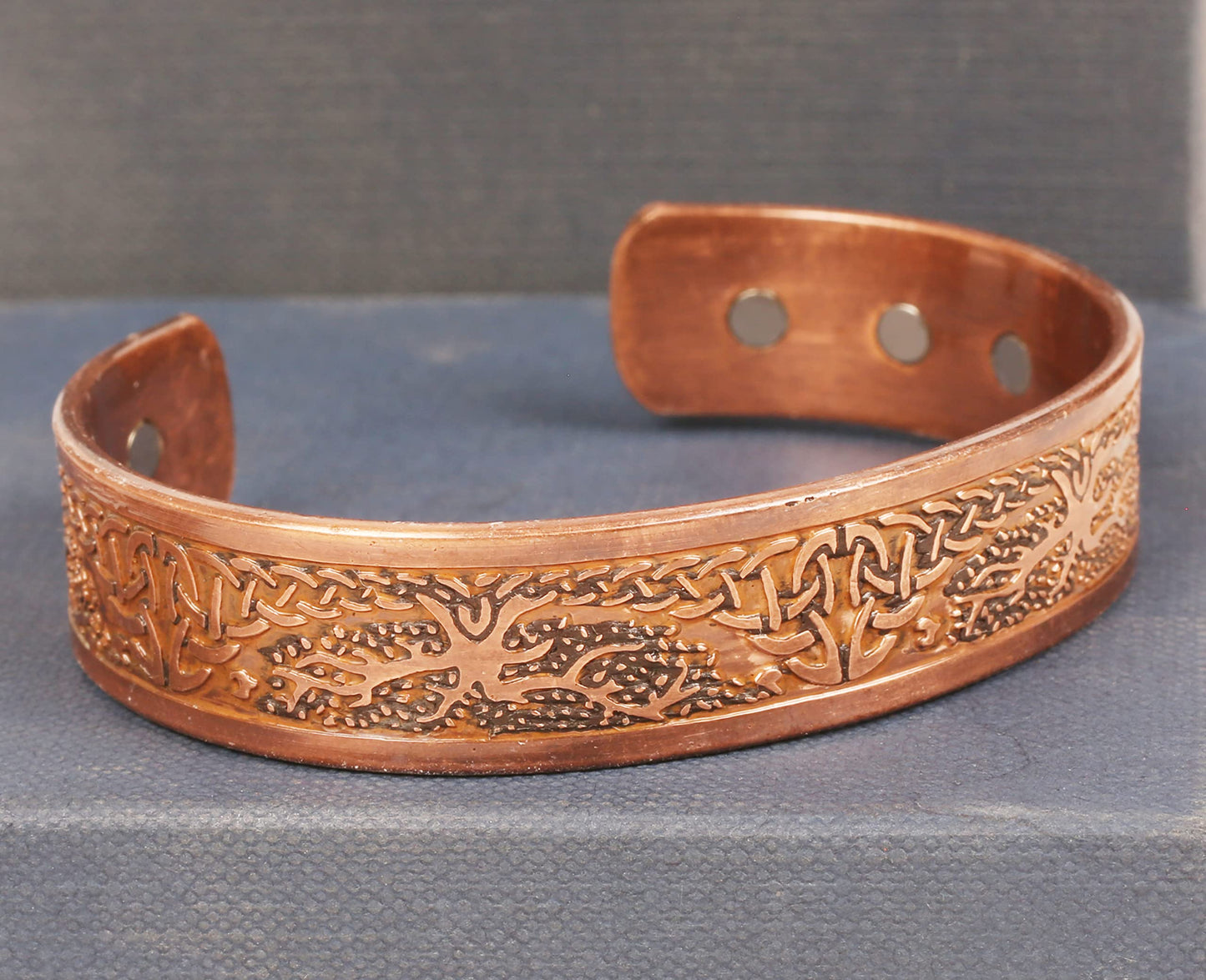 Touchstone handcrafted magnetic copper bracelet. Hand forged with solid and high gauge Tibetan style engraved cuff pure copper jewelry for women men. Awesome Celtic Design.