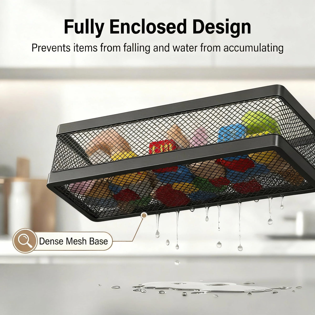 5-in-1 16.5" Extra Long Slim Wall Mount Wrapped Mesh Kitchen Organizer & Shower Caddy Kit, with Paper Towel Holder, Utensil Holder, Soap Dish, Holds 50LBS - Matte Black, Netting