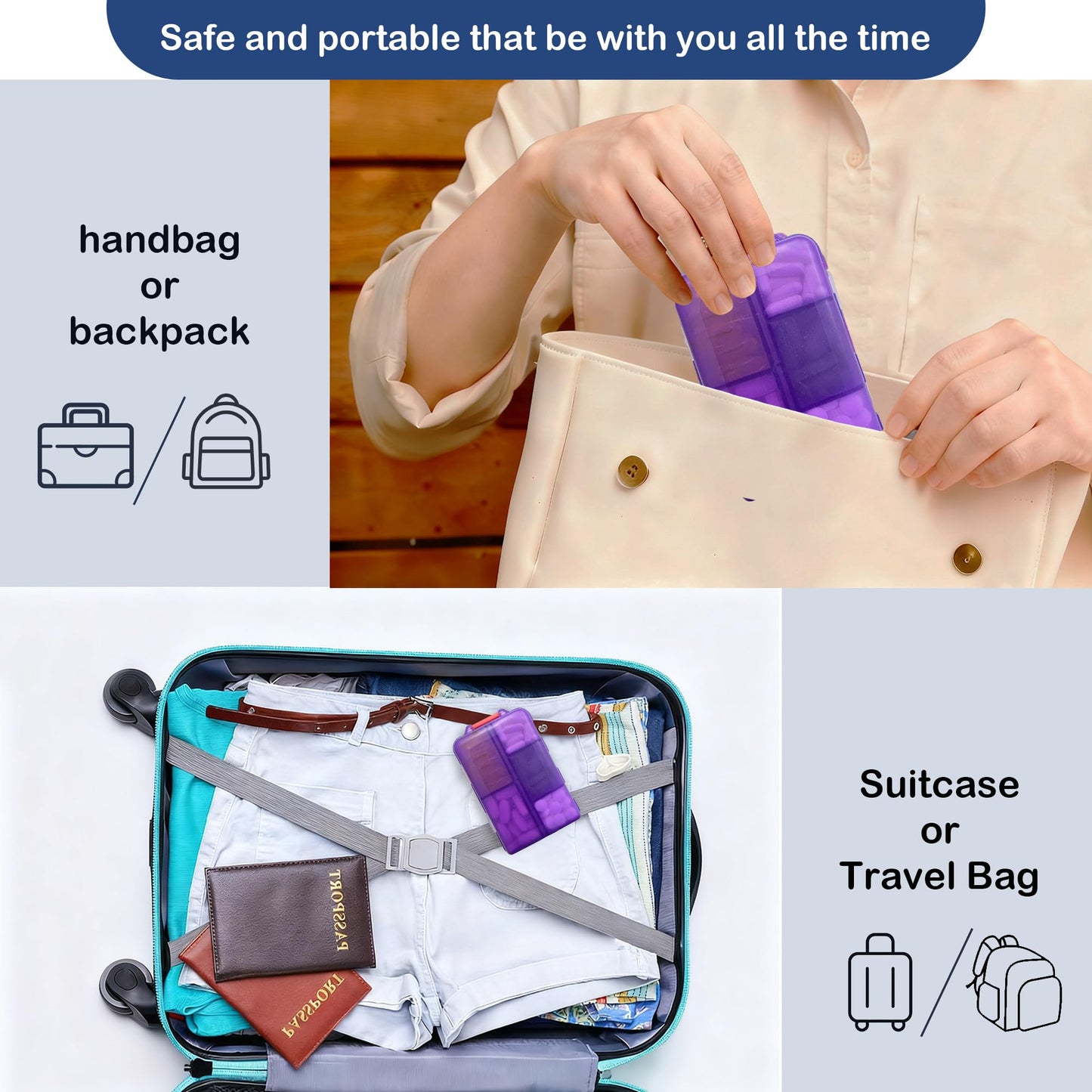 2026 New Extra Large Pill Box with Medicine Labels Travel Essentials Daily Med Container Mini Medication Organizer Storage Organizer Case 7 Day Pill Organizer(Purple)