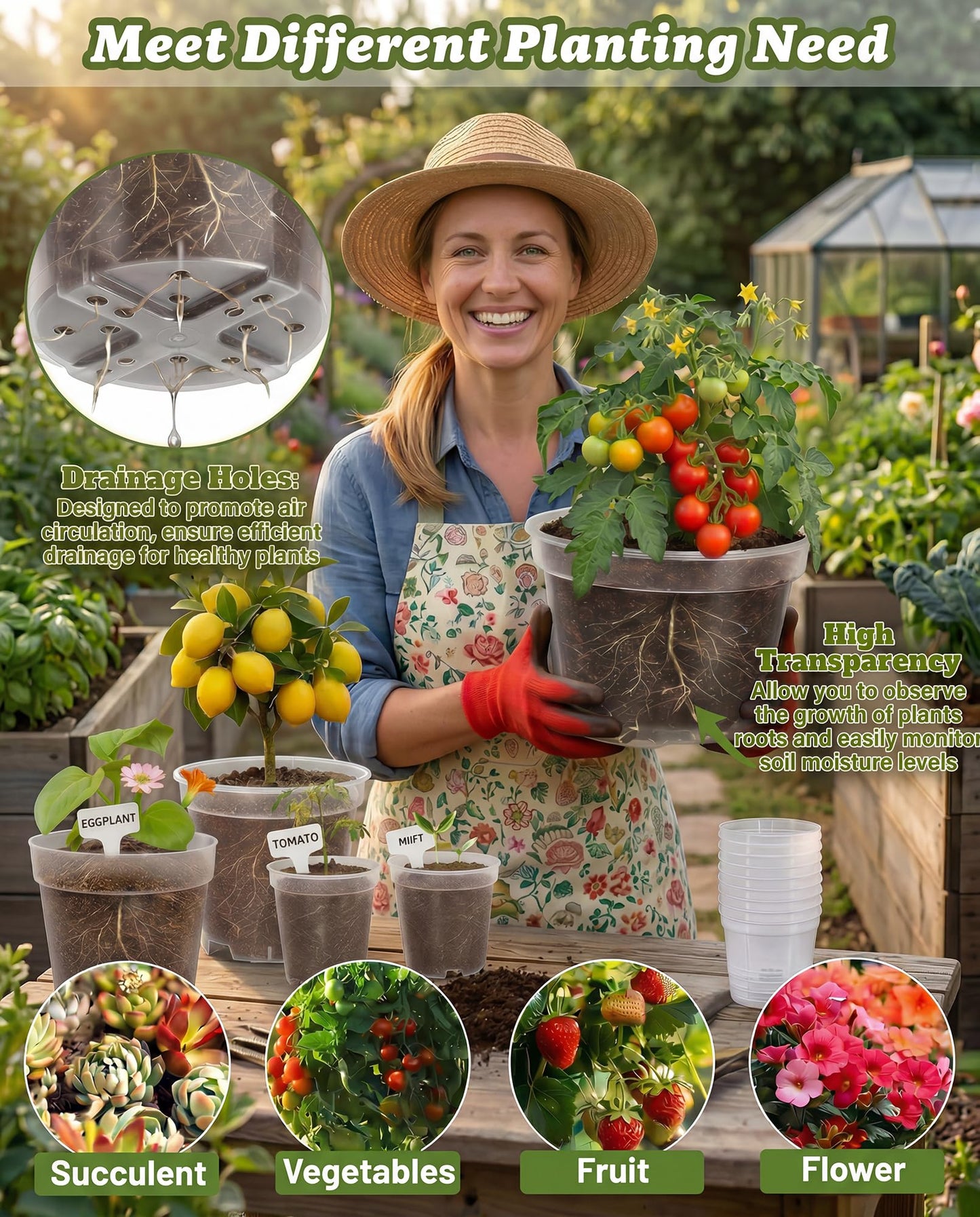 QTQIHANG 4/6/8/10 Inch Sizes Large Clear Nursery Pots with Drainage -16 Pack Plastic Plant Pots with Garden Tools & Labels, Seedling Pots for Transplanting Succulents Flowers Herb Vegetables