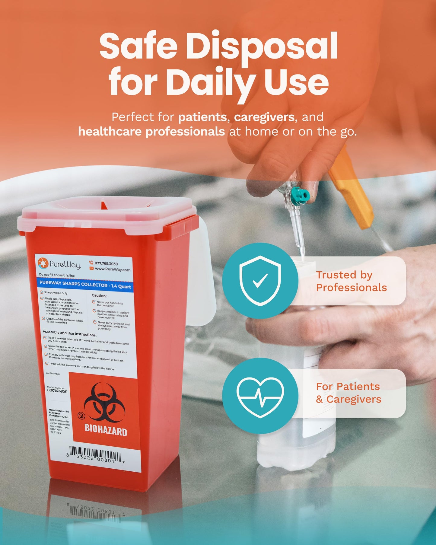 PureWay 1.4 Quart MailBack Sharps Disposal Container – Secure Needle Box for Safe Medical Waste & Used Syringe Disposal | Sharps Container for Home Use, Travel, Clinics, and Professional Settings