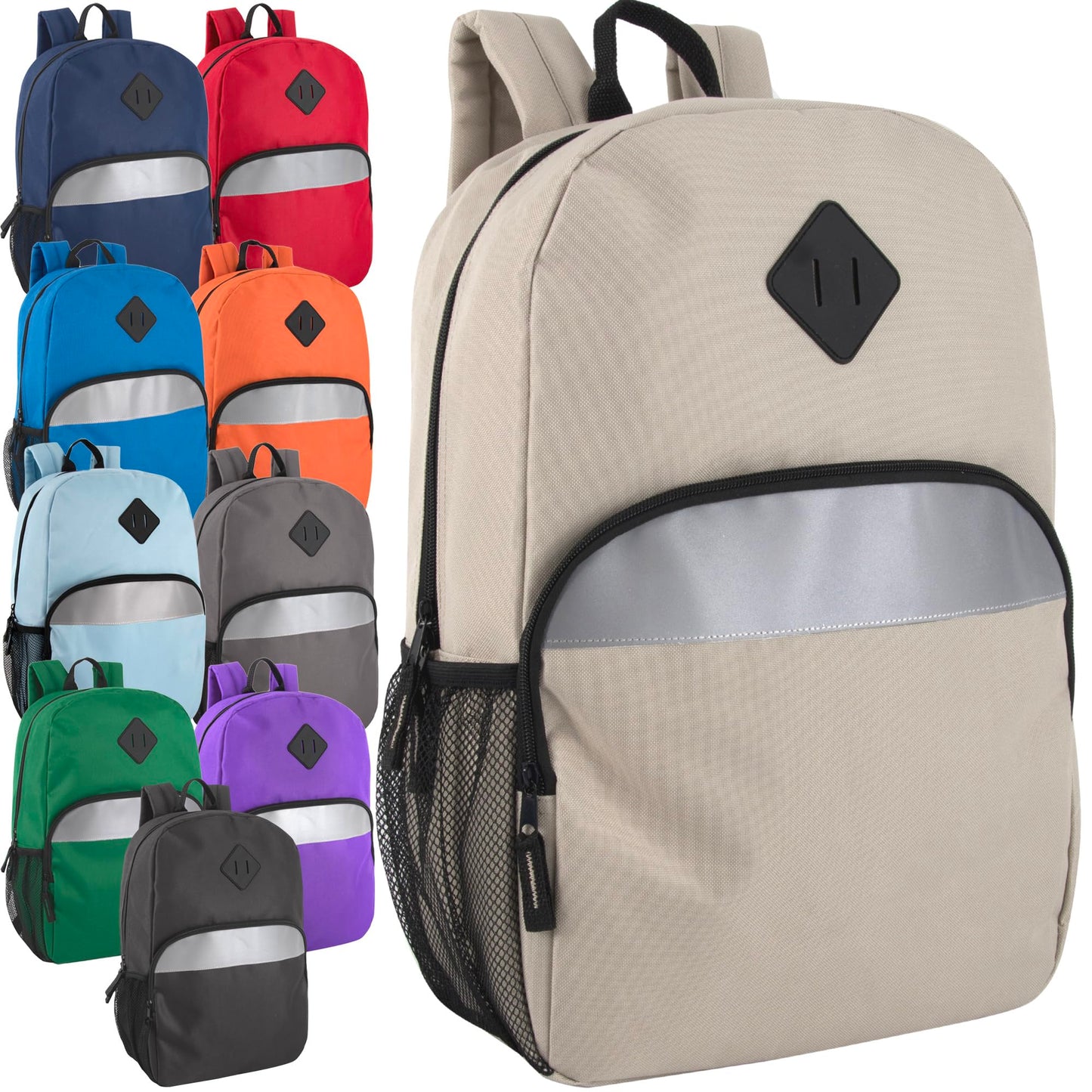 Trail maker Bulk Kids Reflective Backpack Wholesale 24 Pack Backpacks with Side Pockets, Padded (10 Colors Pack)