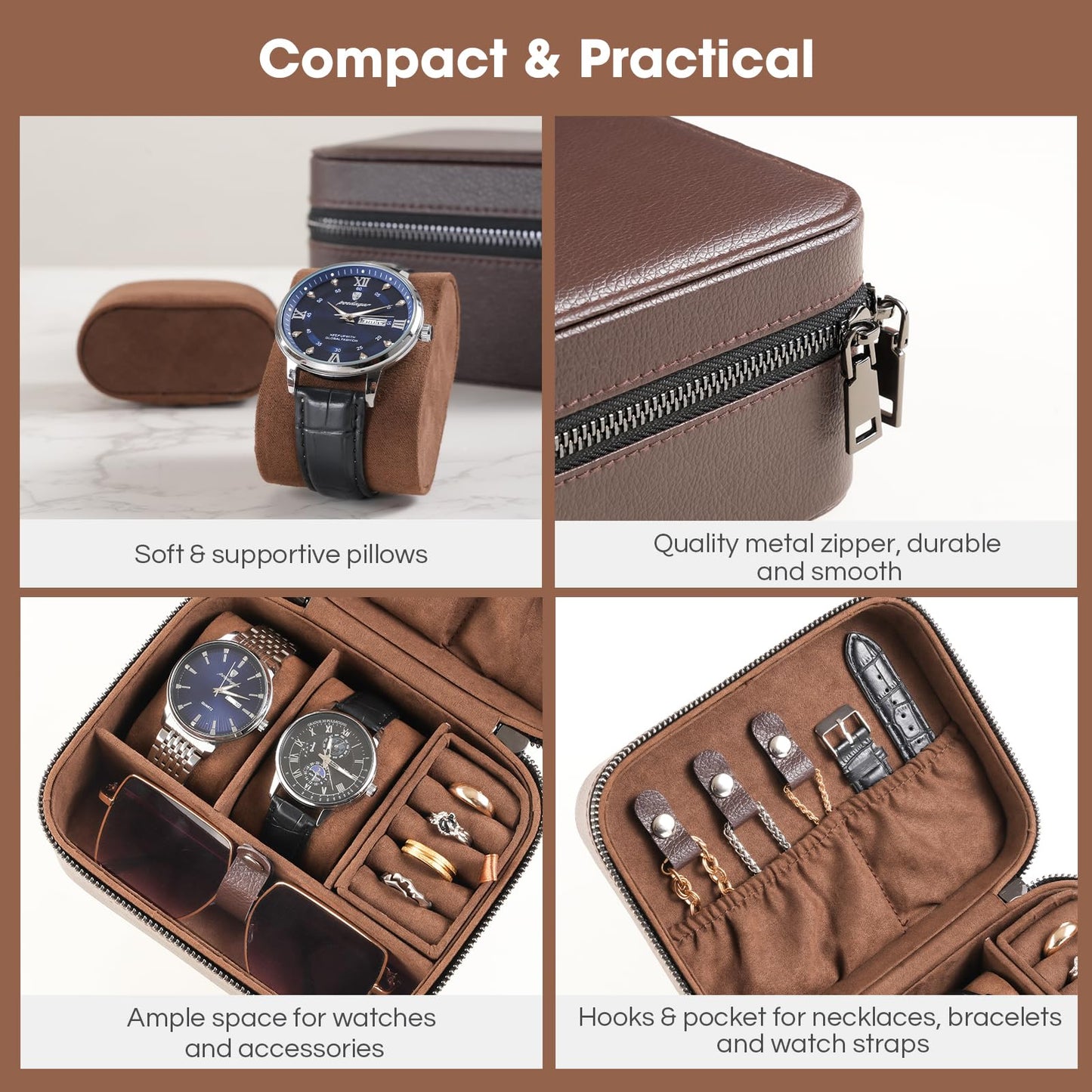 ProCase Travel Watch Case, 2 Slots PU Leather Mens Jewelry Box, Portable Watches Cufflinks Accessories Storage Case, Zippered Carrying Organizer Bag for Man, Valentine's Day Gift -Brown