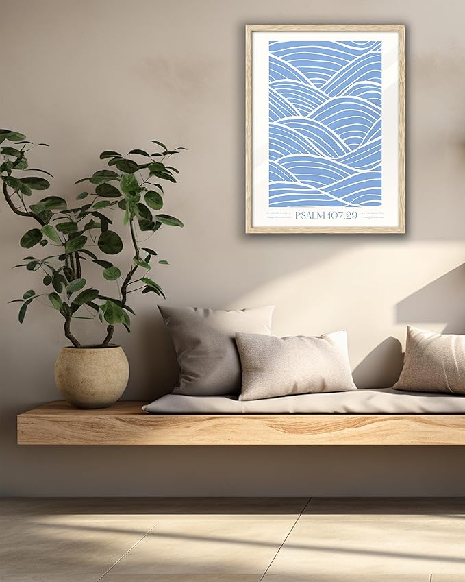 EcoHest Modern Christian Ocean Waves Framed Wall Art, 12x16 in OAK Wood Christian Psalm 107:29 Canvas Wall Art, Beige Logs Storm Home Decor Set of 1 for Bedroom Living Room