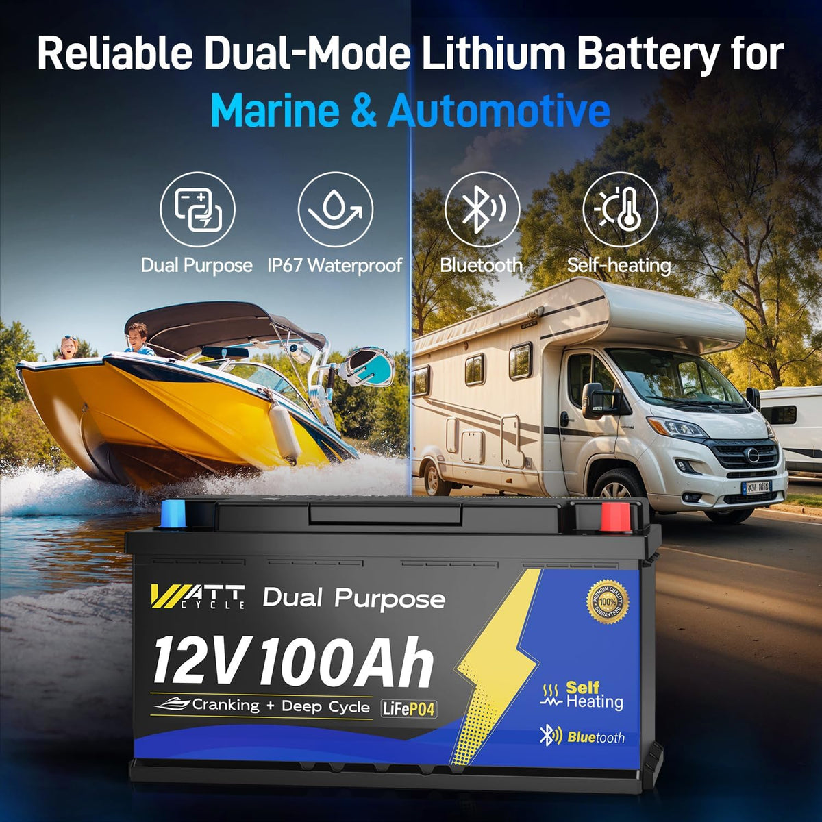 12V 100Ah Bluetooth LiFePO4 Battery, [Cranking &Deep Cycle] Lithium Battery with Self-Heating, Built-in 200A BMS, Perfect for Trolling Motor, RV, Marine, Boat(3 Pack)