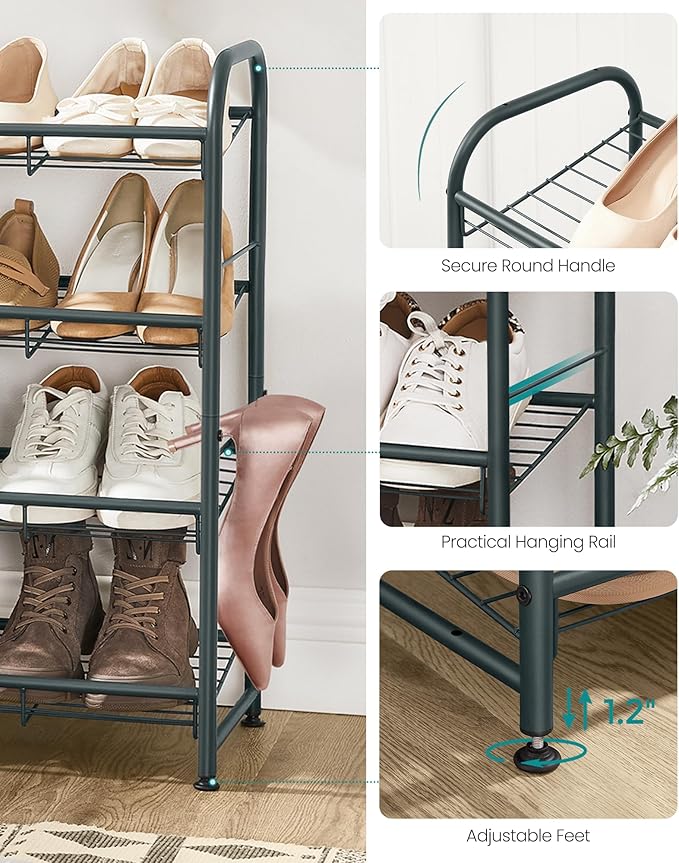 SONGMICS Shoe Rack, 4 Tier Shoe Organizer for Closet, Holds up to 16 Pairs of Shoes, Shoe Rack for Front Door Entrance, Metal Shoe Shelf with Adjustable Tilt Angle, for Entryway, Garage, Grey