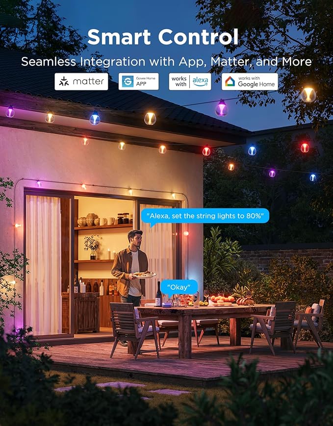 Govee Outdoor Clear Bulb String Lights, 48ft RGBWIC Outdoor String Lights with 15 Dimmable Warm White LED Bulbs, 111 Scene Modes for Patio, Backyard, IP67 Waterproof, Works with Alexa, Google & Matter