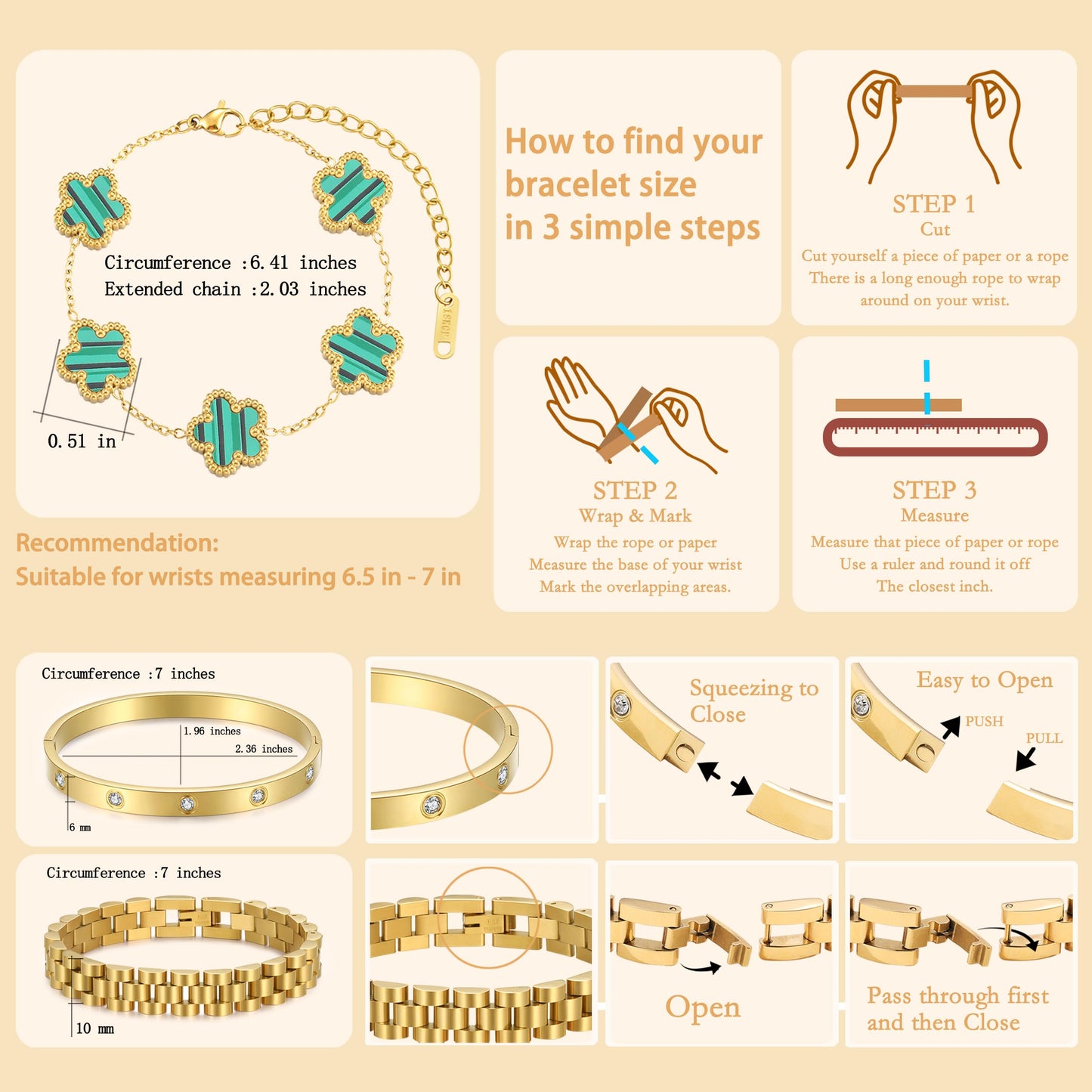 YOQ Stackable Four Leaf Clover Bracelets for Women, 18K Gold Plated Love Bangle Bracelets Set, 3 Pcs Charm Jewelry Gifts (Green)