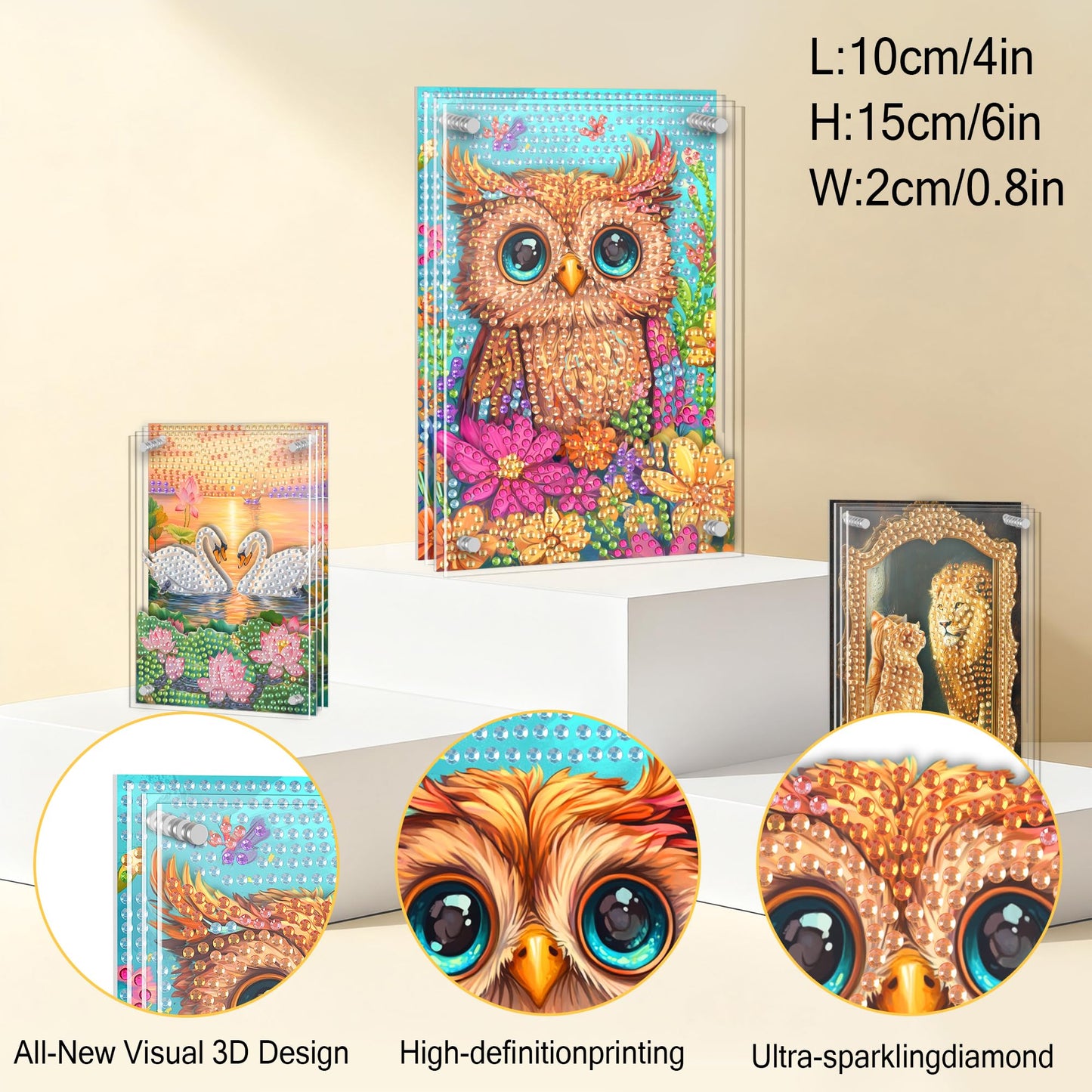 Ginfonr DIY Acrylayers Diamond Art Painting Kit for Adults, Owl 4-Layer Acrylic Magnetic Diamond Painting Stand Up Tabletop Decor with Dynamic Depth Effect, Home/Office Craft Gift 4x6 inch