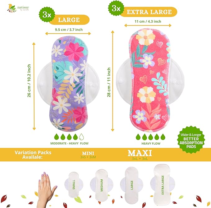 Non-Slip Premium Reusable Period Pads for Heavy Flow & Incontinence (L+XL, 6-Pack); High-Temp Organic Cotton Washable Cloth Pads for Women; Non-Irritating Reusable Pad Menstrual for Comfortable Care
