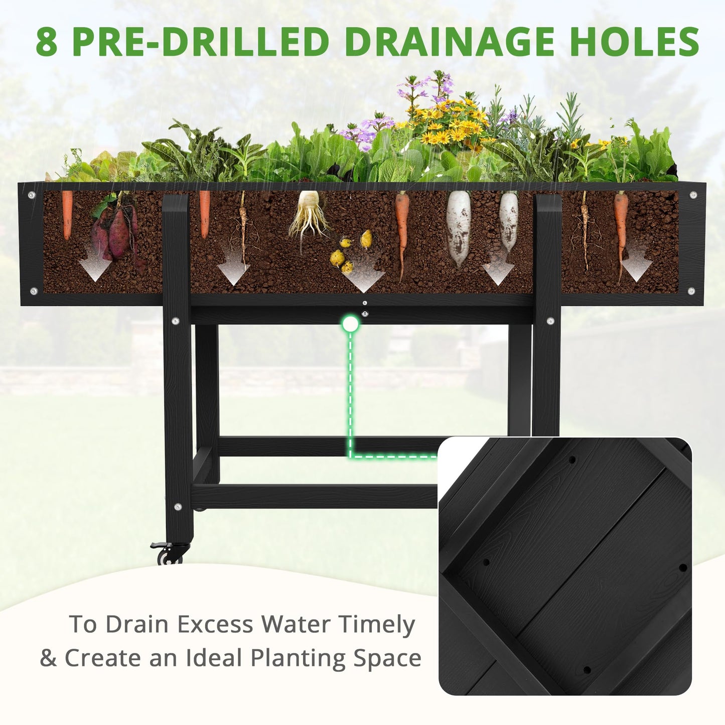 LUE BONA Raised Garden Bed with Wheels, 48 * 16.7 * 28 in, Poly Elevated Outdoor Planter Box with Tools, Weather Resistant, Standing Growing Bed Herb Planter for Vegetable, Flowers, Fruits