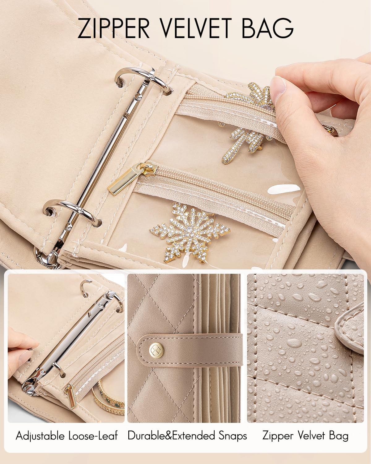 VLANDO Travel Jewelry Case,Portable Jewelry Organizer Storage Book with Clear Zipper Velvet Jewelry Pouch Bag Gifts for Traveler Women Girls-Toffee