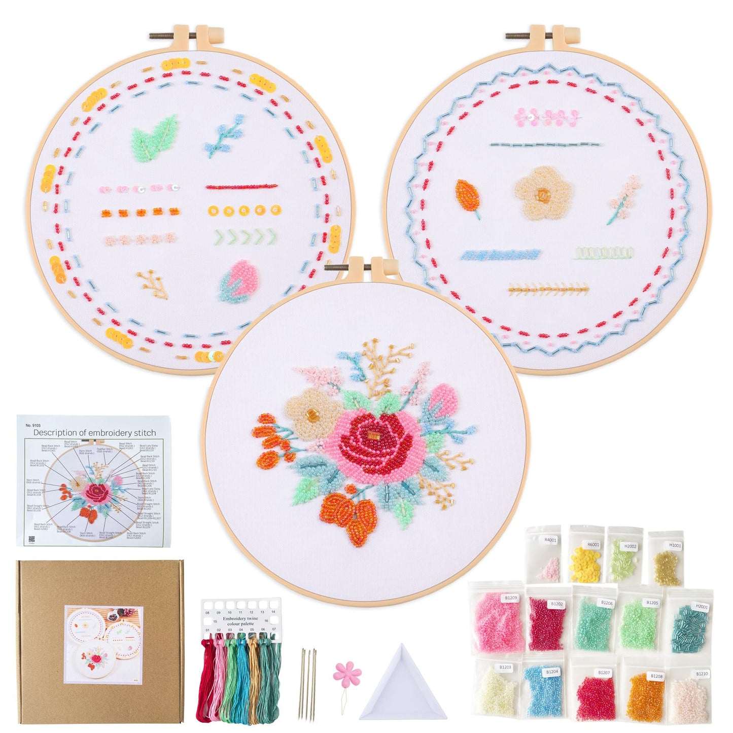 Myfelicity Bead Embroidery kit with Floral Patterns, Colorful Thread Sets, and Instructions, Suitable for Beginners and Adults, Box Packaging