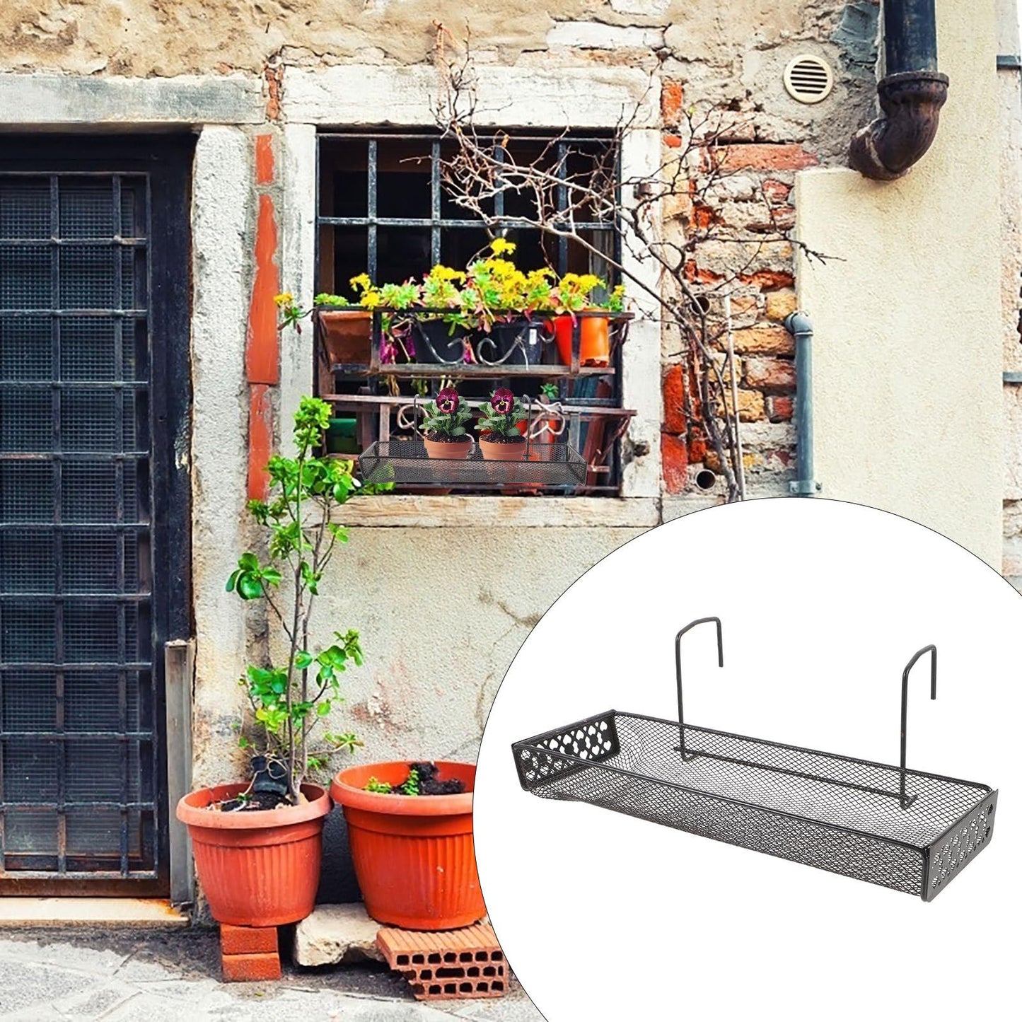 RUNROTOO Black Metal Hanging Plant Stand Hooks Indoor Flower Rack Balcony Garden Patio Railing Shelf