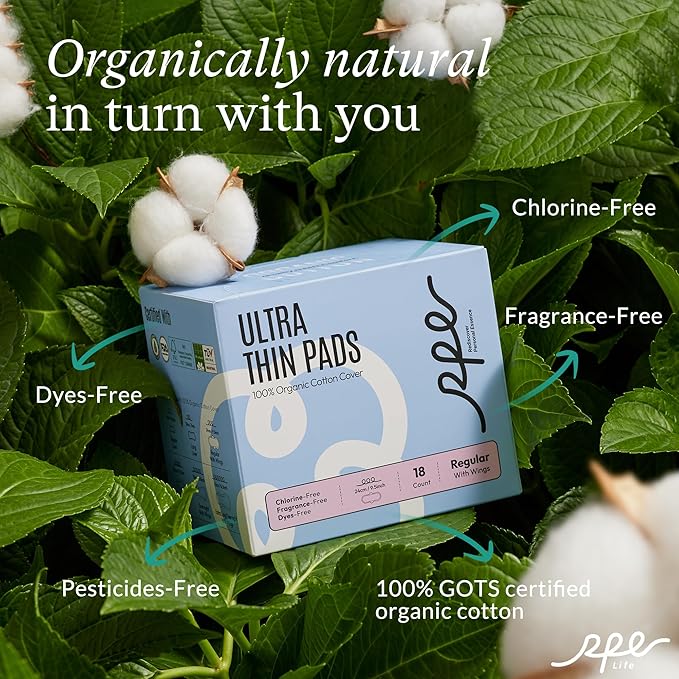 100% Organic Pads for Women 54ct, Ultra Thin Unscented Feminine Period-Pads with Wing, Regular Absorbency Sanitary Pad, Organic Cotton Pad Menstrual (Regular, Size 3, 54 Count)