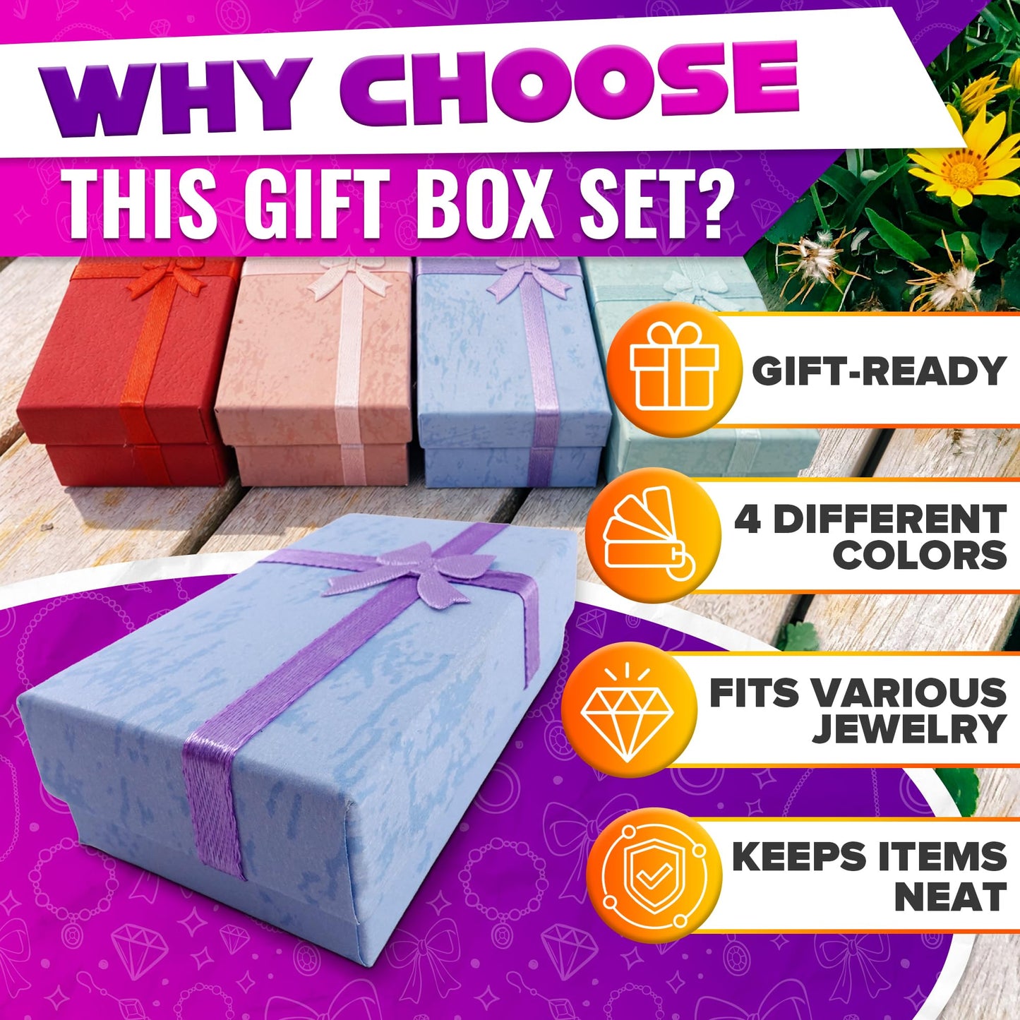 KETAR 24 Pack Small Jewelry Gift Boxes with Bows — 4 Color Options, Cardboard Paper Earring, Necklace and Bracelet Gift Box with Foam Insert — Birthday, Wedding and Mother’s Day | 3.2" X 2" X 1.06"