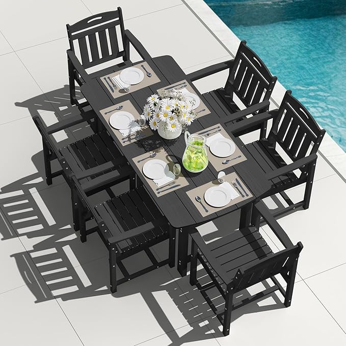 Outdoor Rectangle Dining Table, Heavy-Duty HDPE Table for 6, Weatherproof Patio Table with Umbrella Hole, Rounded Corners for Safety, Black