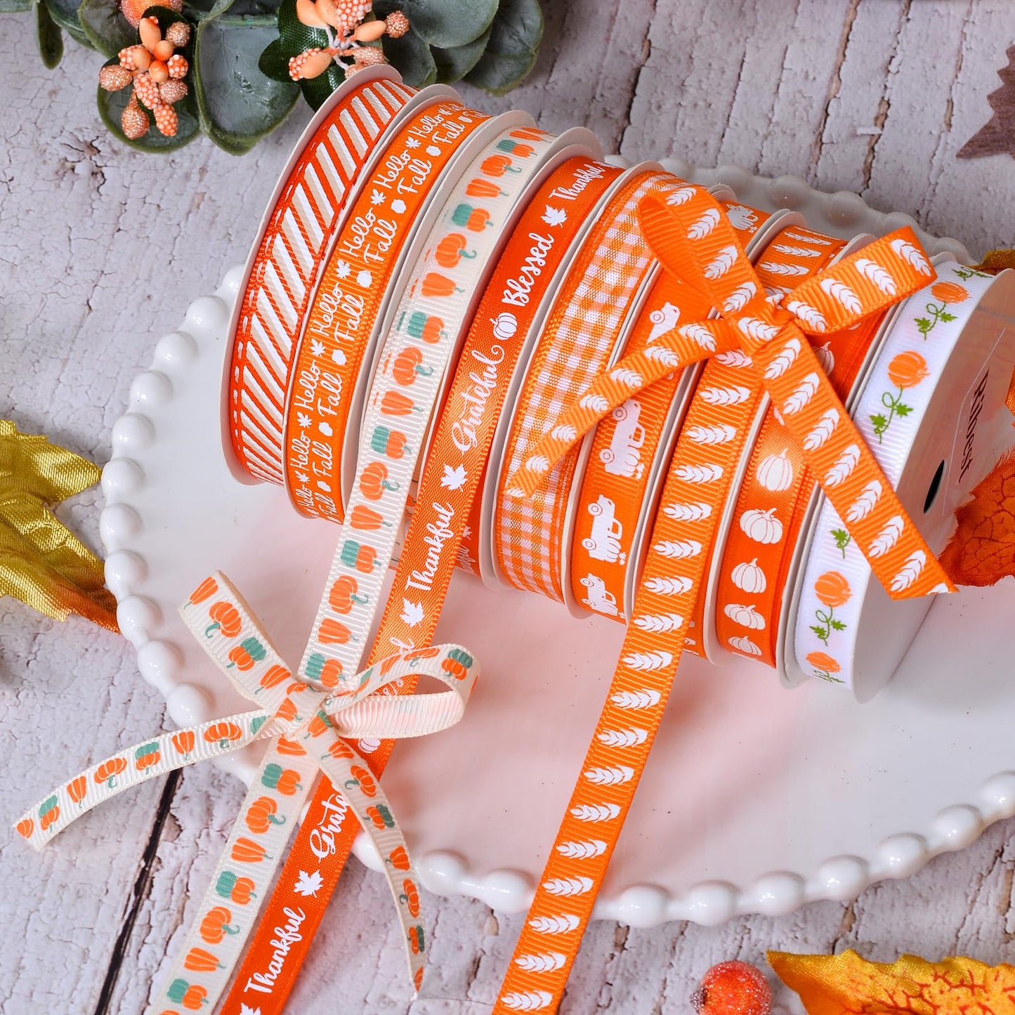 Ribest Fall Ribbon Thin, 3/8 Inch Grosgrain Pumpkin Thanksgiving Ribbons for Crafts Gift Wrapping Bows Making Autumn Harvest Decor 20 Rolls 100 Yards