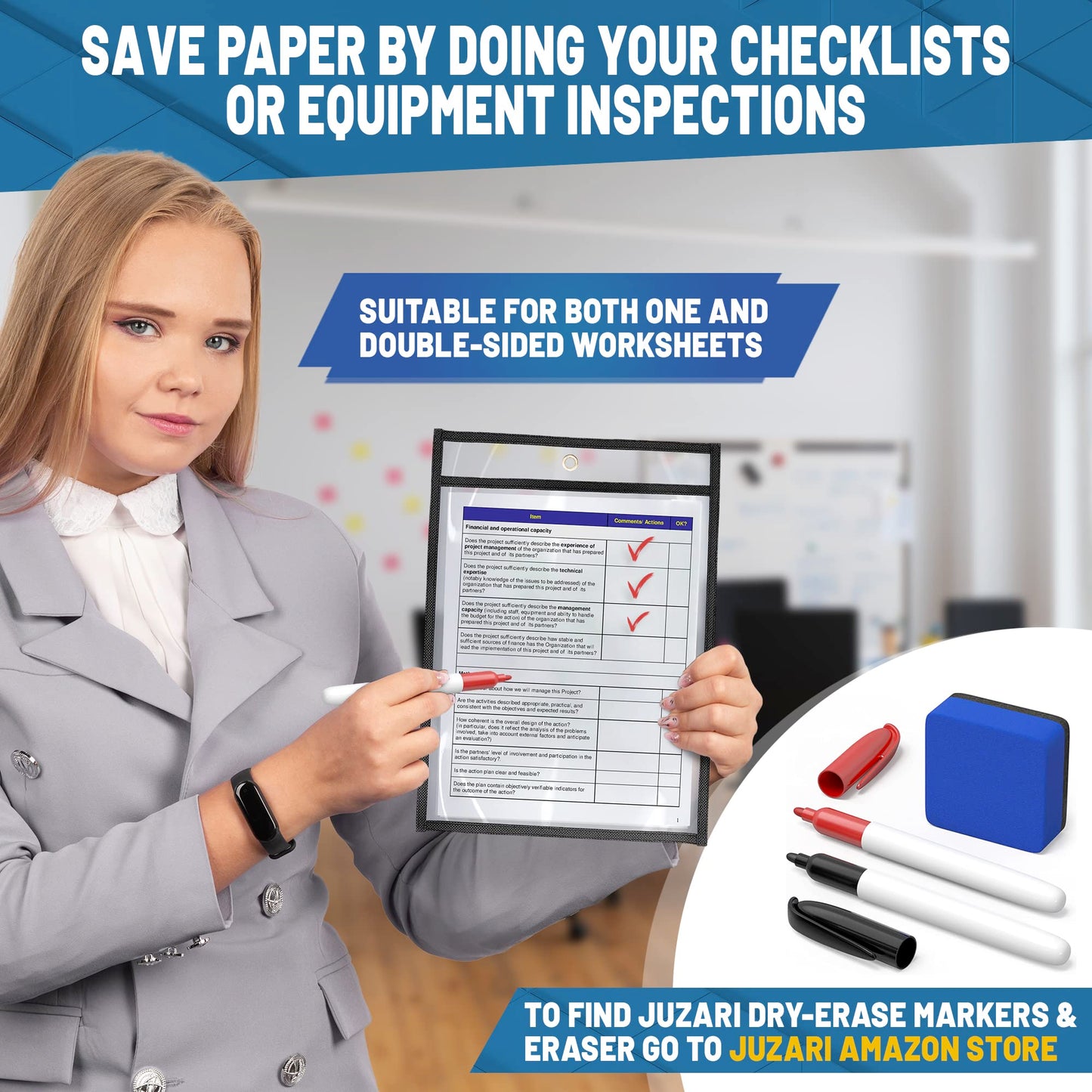 10 Pack Job Ticket Holders 8.5x11 - Work Order Plastic Sleeves for Documents - 8 1/2 x 11 Shop Ticket Holders - Dry Erase Pocket Sleeves - Dry Erase Pockets - Dry Erase Sleeve - Clear Pocket Sleeve