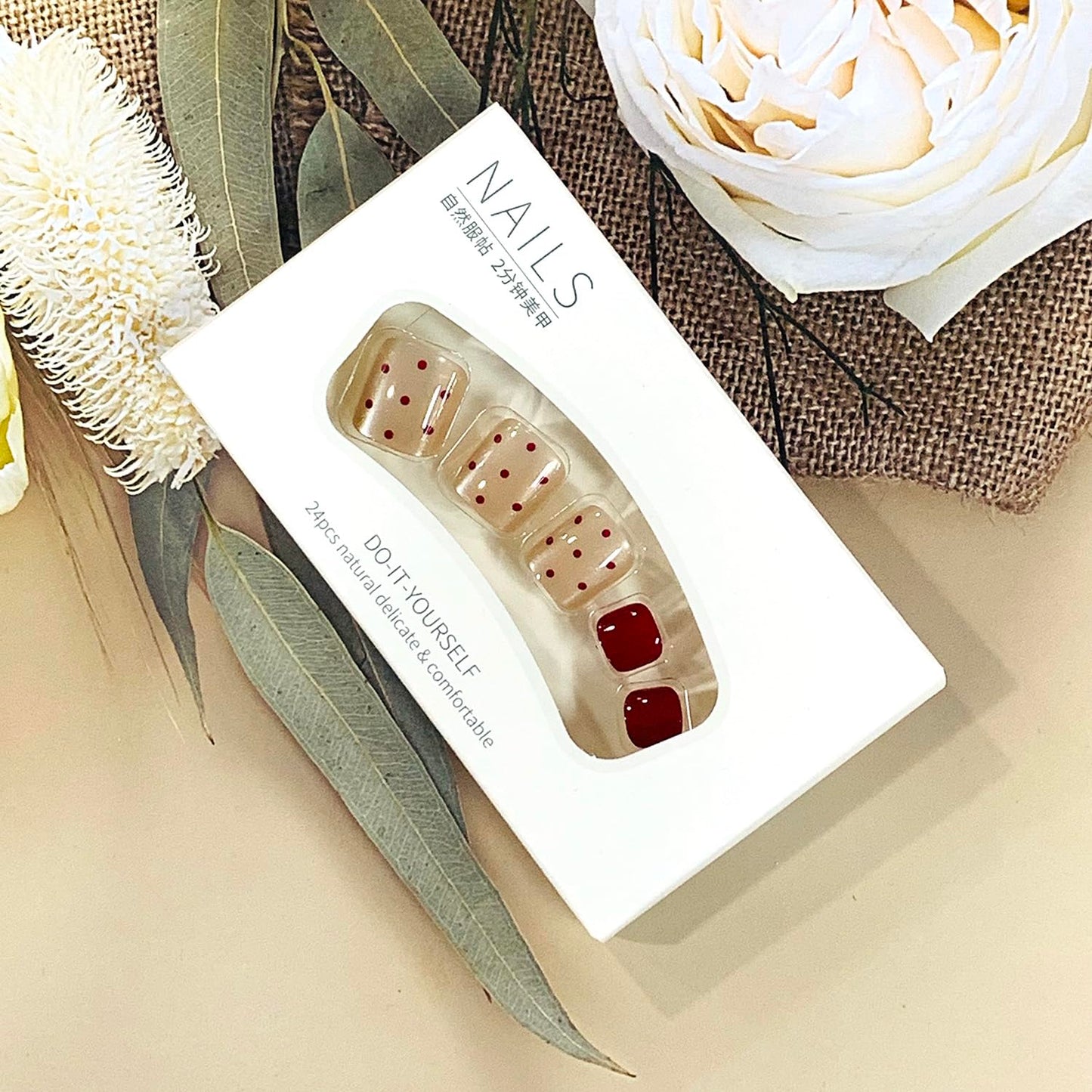 FIEONCIY 24pcs Press-on Square Acrylic False Nails Set with Glue, Red Spot Pattern, French Style, Spring & Summer Theme, Full Cover Nails, Multicolor, Women's Manicure Decorations