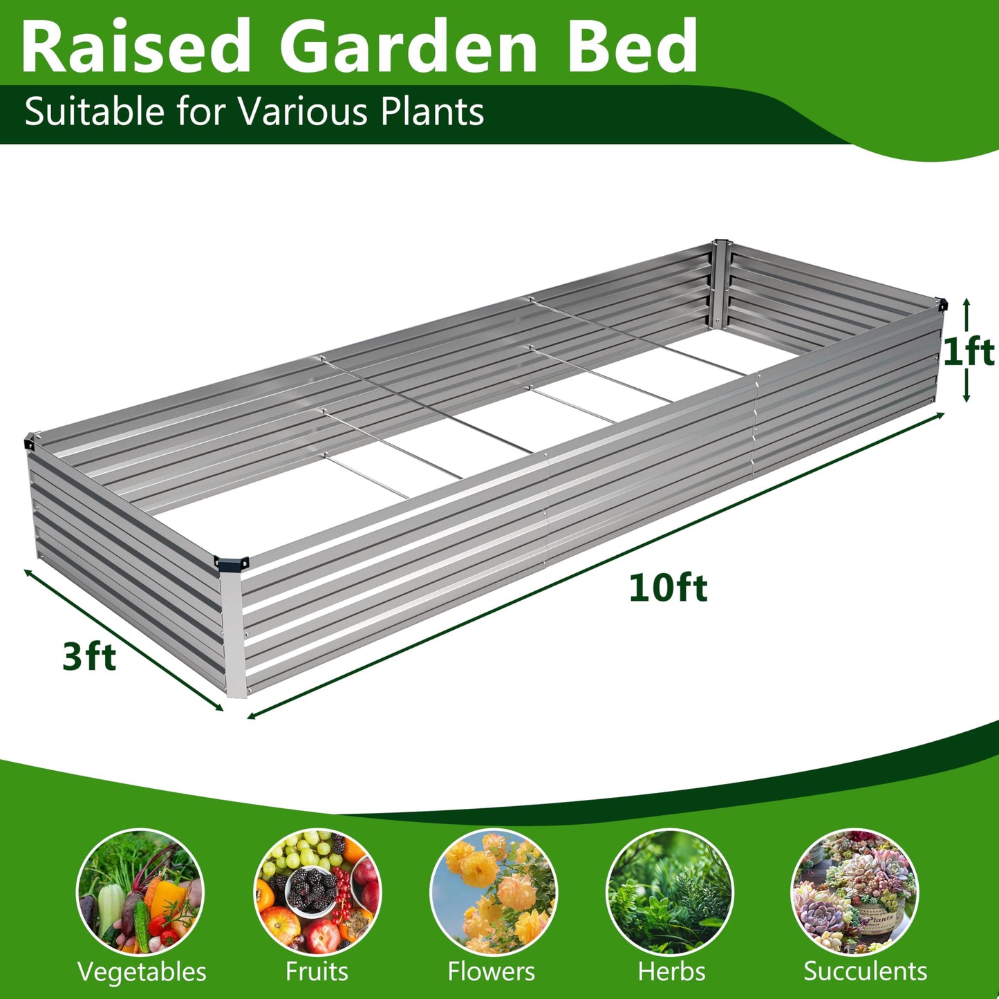 Henshwon 2PCS 10x3x1ft Galvanized Raised Garden Bed Kit,Metal Planter Box for Vegetables,Flowers,Herbs Durable Rust-Resistant Patio Gardening Beds,Silver