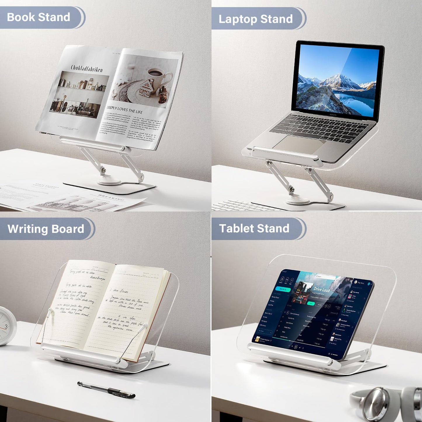 BYMECOST Acrylic Book Stand for Reading, Adjustable Book Holder with 360° Rotating Base & Elastic Page Clips, Foldable Desktop Riser Stand for Cookbook,Laptop,Tablet,Music Scores,Recipe,Textbook