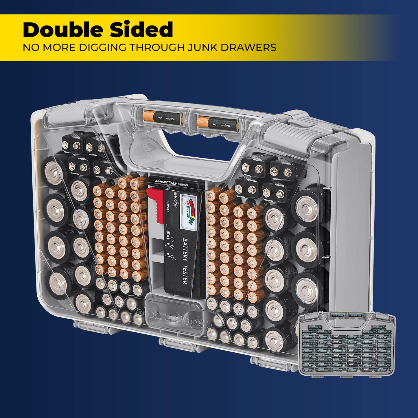 Battery Daddy Storage & Organizer Case w/Tester, Stores & Protects Up to 180 Batteries, Double-Sided, Clear Locking Lid, Secure Latches & Portable Carrying Handle- Warm Grey (Batteries Not Included)