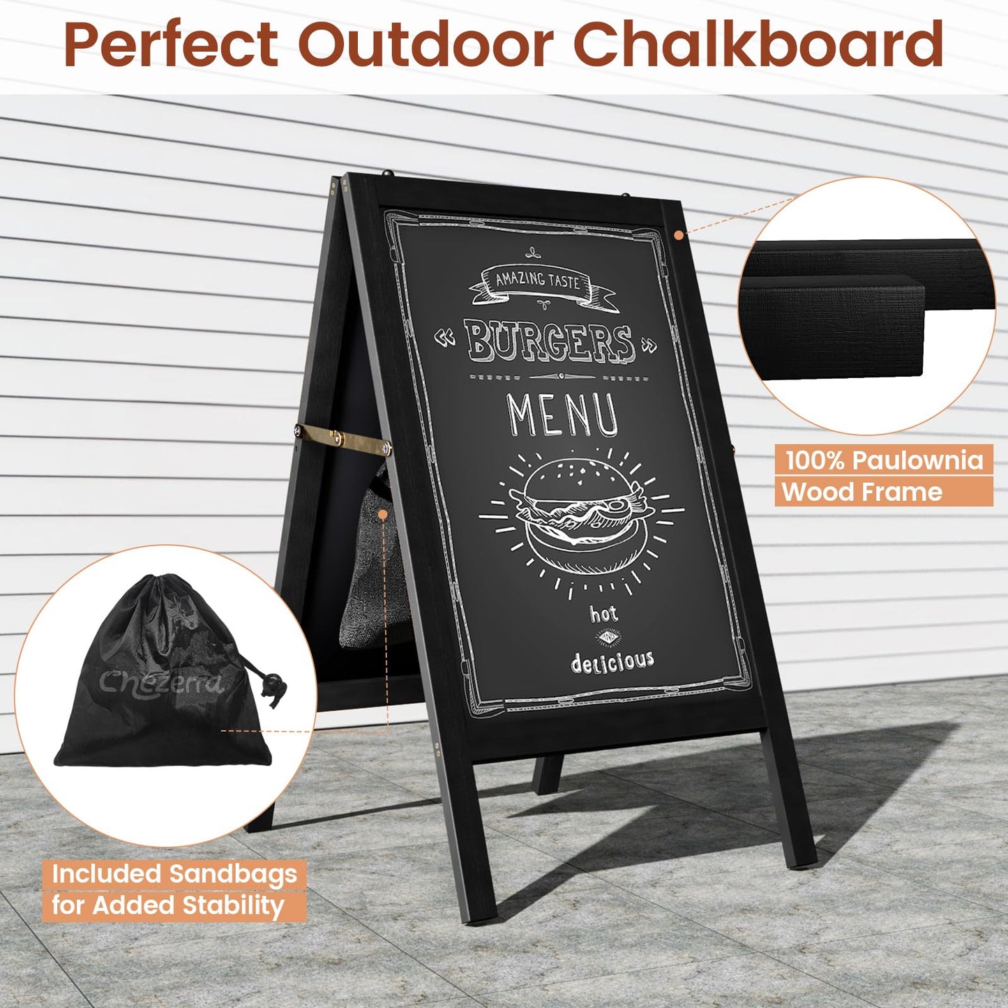 Chezerra A Frame Chalkboard Sign, 40"x20" Extra Large Sidewalk Chalk Board, Wooden Standing ChalkBoards Set with Markers, Double-Sided Magnetic Blackboard for Cafés, Weddings, Party Guide, Black