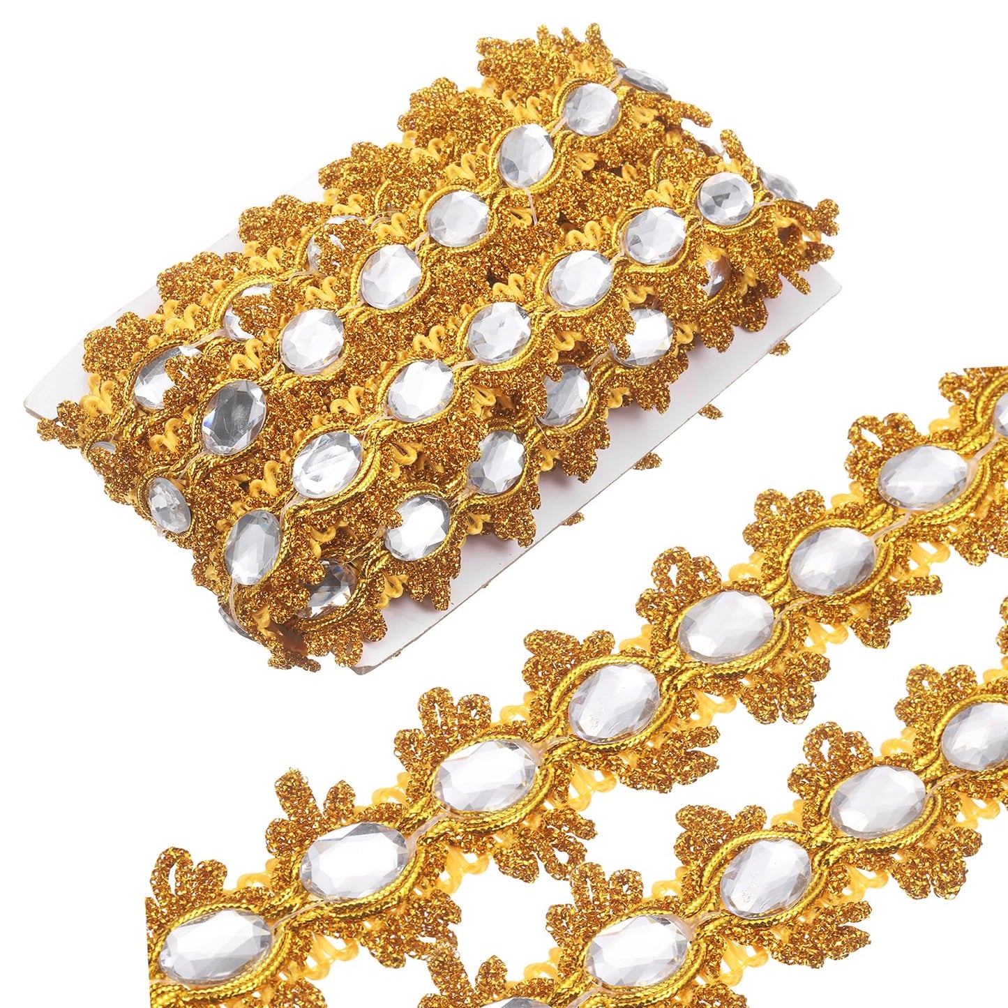 MECCANIXITY 5 Yards Braid Trim, 1.6 Inch Gemstone Beaded Lace Trim Wave Gem Braid Strip Paillette Ribbon for Crafts, Embellishments, DIY Sewing Costume, Gold+Silver
