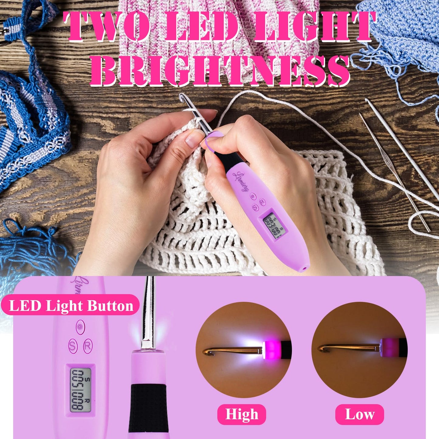 Counting Crochet Hook Set Digital Ergonomic Crochet Hook-LED and 2 Levels Brightness Dimmable Light Up Crochet Hooks& Digital Stitch Counter,Beginner Knitting Kit with 12 Interchangeable Crochet Hooks