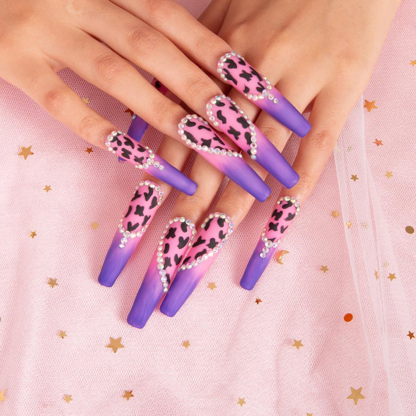LOVFUL Press on Nails Boozy Lavender | Handmade with Full Covered Crystals | Reusable Full Cover Nails | Coffin Long 2.2 in | H211-S