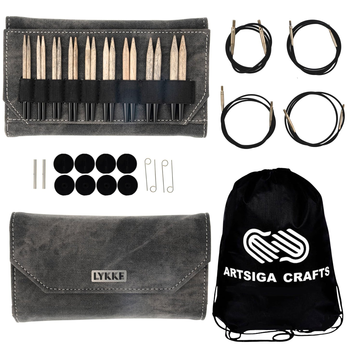 Lykke Driftwood 3.5 in. Standard Set US 3, 4, 5, 6, 7, 8, 9, 10, 10.5 Interchangeable Circular Knitting Needles for Baby, DK, Worsted, Chunky Yarn, Birchwood, 4 Swivel Cords, Grey DM Case, Project Bag