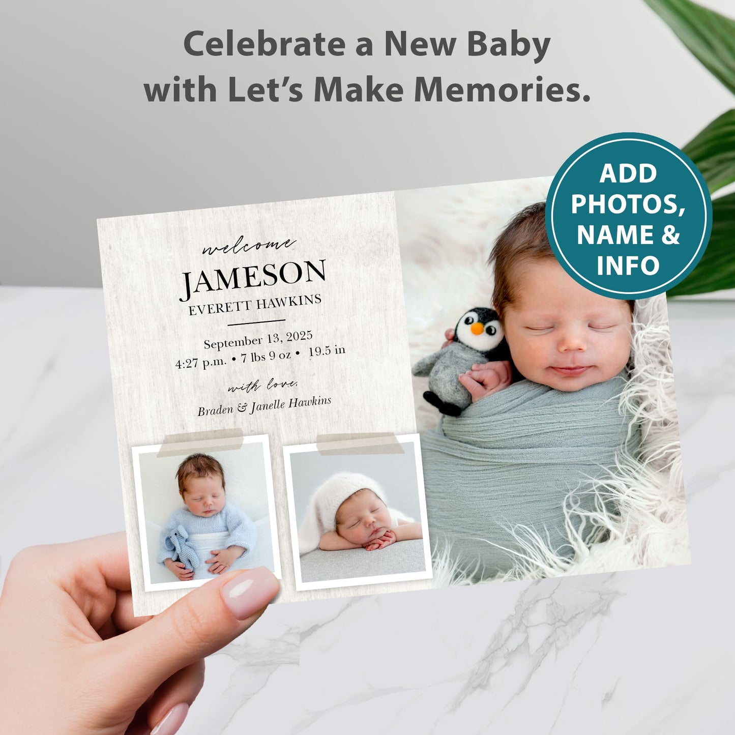 Let's Make Memories Personalized Baby Announcement Cards - Birth, Adoption - Boy, Girl - Premium Quality Custom Photo Cards for Mailing - 5x7 - Includes White Envelopes - Rustic Collage - 75 ct