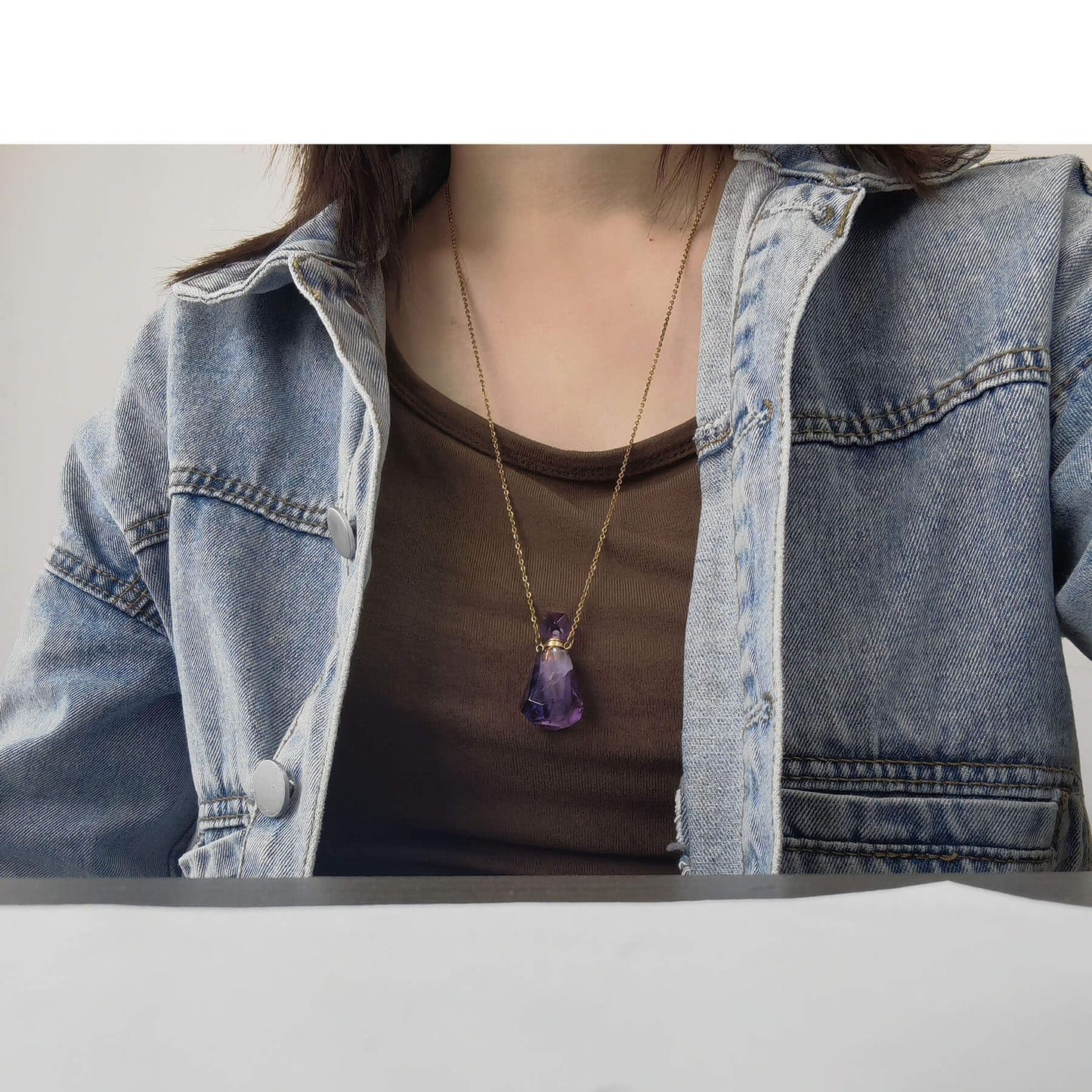 Ladywowu Amethyst Necklace, Natural Purple Crystal Perfume Bottle Necklace for Liquid, Essential oi