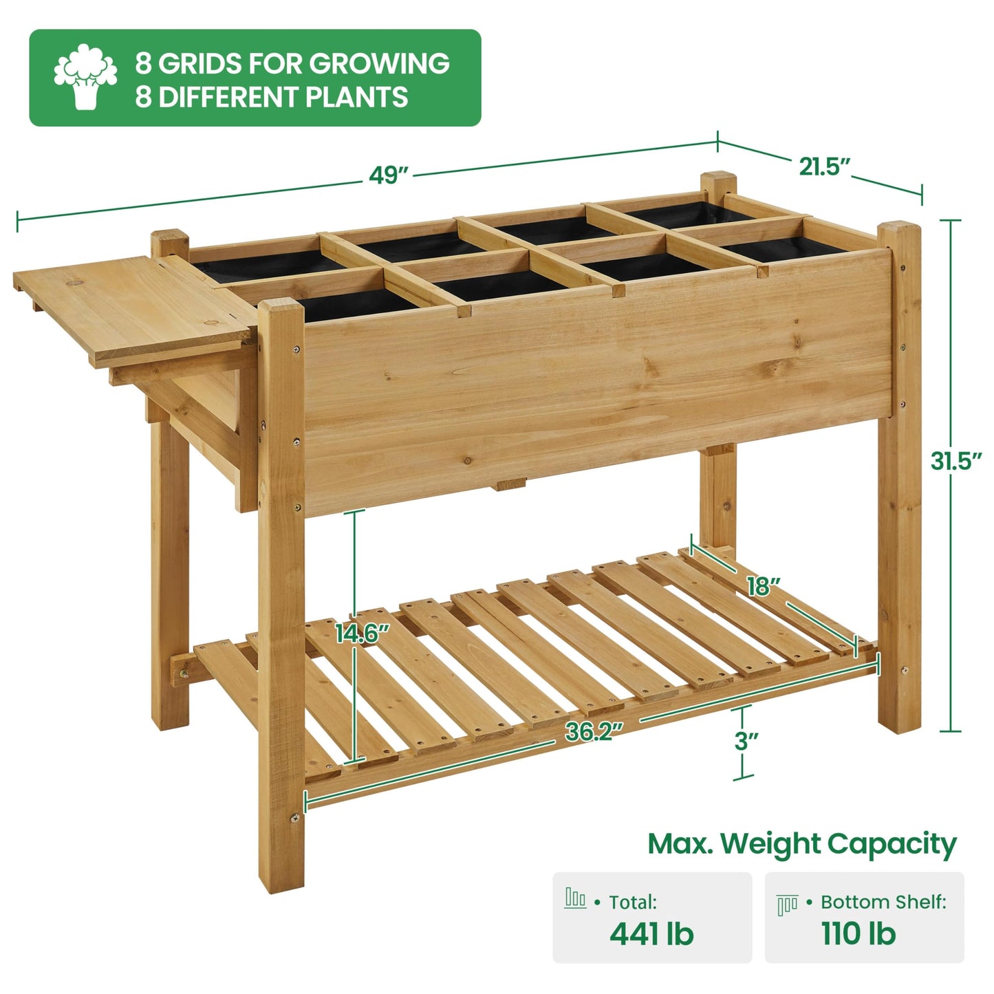 Yaheetech 49x22x32in 8 Pockets Horticulture Raised Garden Bed Elevated Wood Planter Box Stand with Foldable Side Table and Storage Shelf for Herb/Vegetables/Flowers, Light Brown