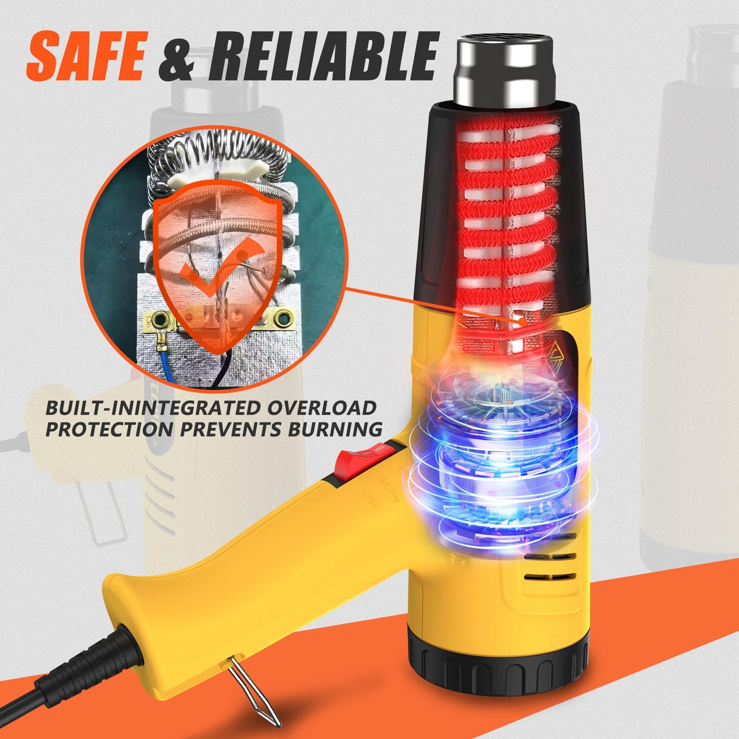 Heat Gun 1300W for Vinyl Wrap,Crafting,Shrink Tubing,Paint,Epoxy Resin,Candle Making,Adjustable Temperature,Overload Protection Hot Air Gun Kit Nozzles (Yellow, Two-Gear Button Temperature Control)