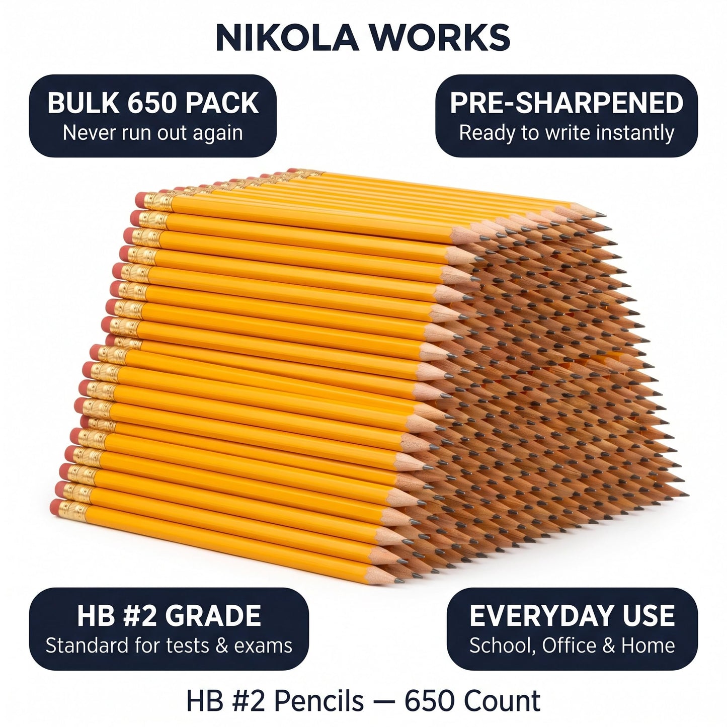 Nikola Works Bulk 650 Pack Premium Pre-Sharpened #2 HB Pencils USA Standard Wood Cased Graphite With Erasers
