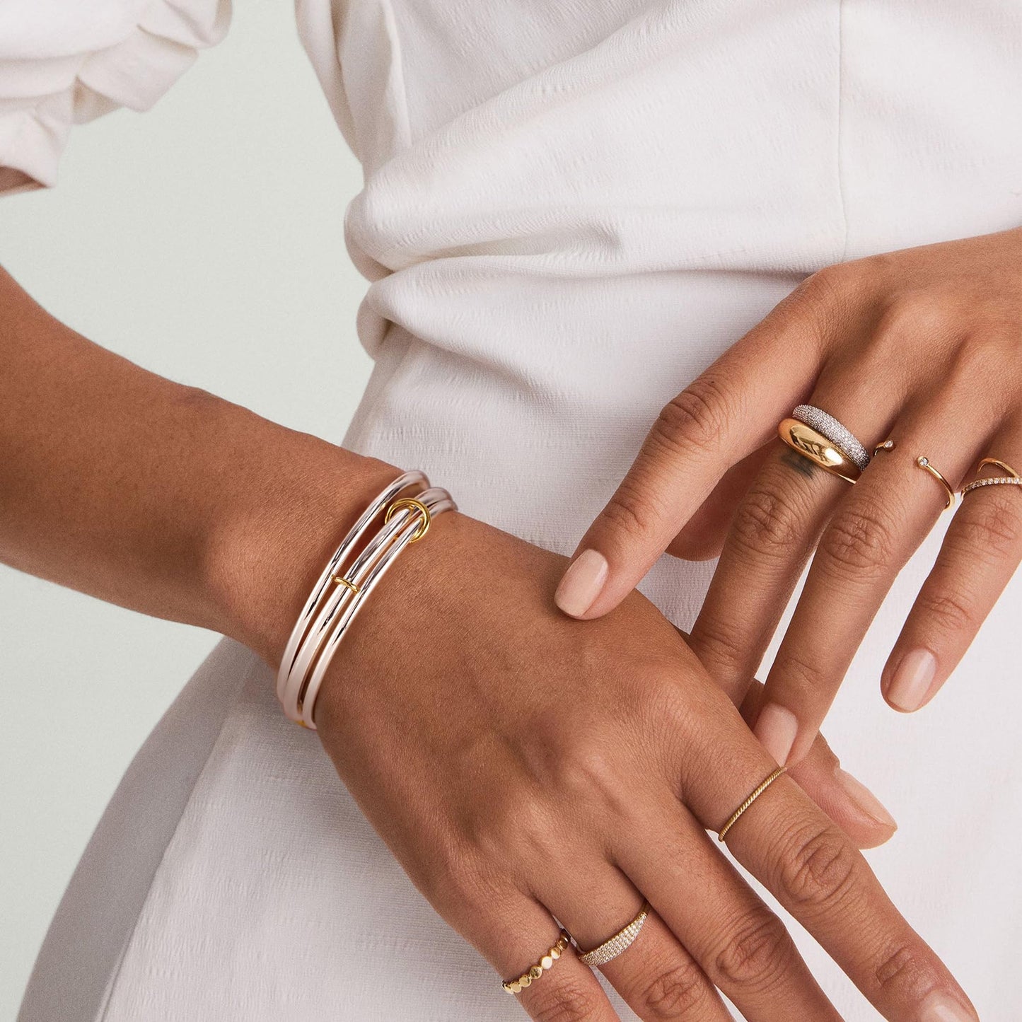 NOKMIT Two-Tone Stackable Bangle for Women High Polished Thin Interlocking Stainless Steel Bracelets Classic Plain Non-Tarnish Gold&Silver Mixed Metal 1PC/3PCS (3pcs, 7.5inch)