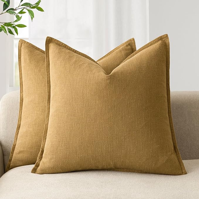 Foindtower Pack of 2, Decorative Linen Soild Throw Pillow Covers Soft Accent Cushion Case Boho Farmhouse Pillowcase for Chair Couch Sofa Bedroom Living Room Home Decor 16 x 16 Inch Honey Mustard