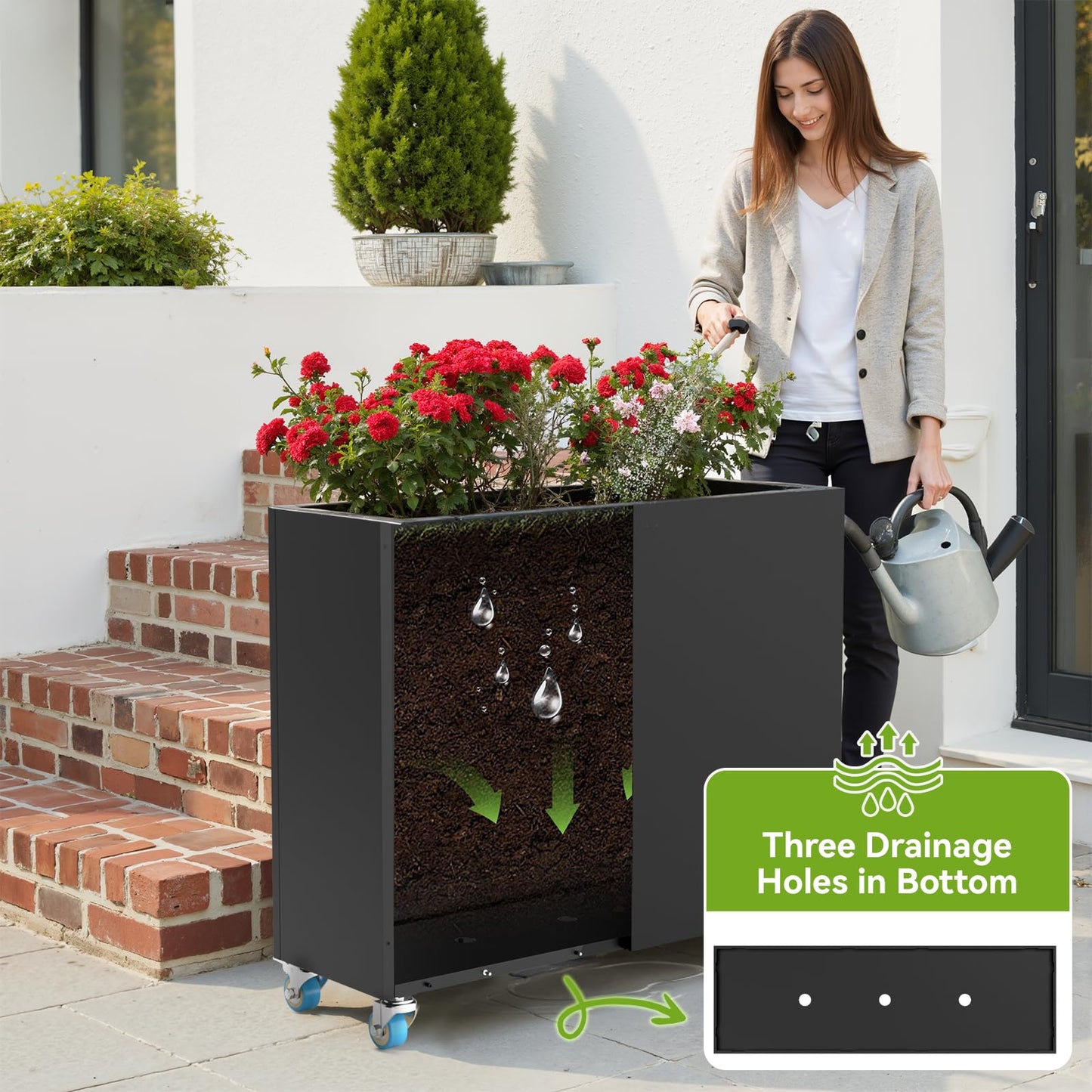 HAYOHRT Rectangular Planter Box for Outdoor Indoor Patio Porch with Drainage Holes & Removable Shelf Black Flower Planter 35 x 12 x 26inch Modern Design for Plants Flowers Vegetables Fruits