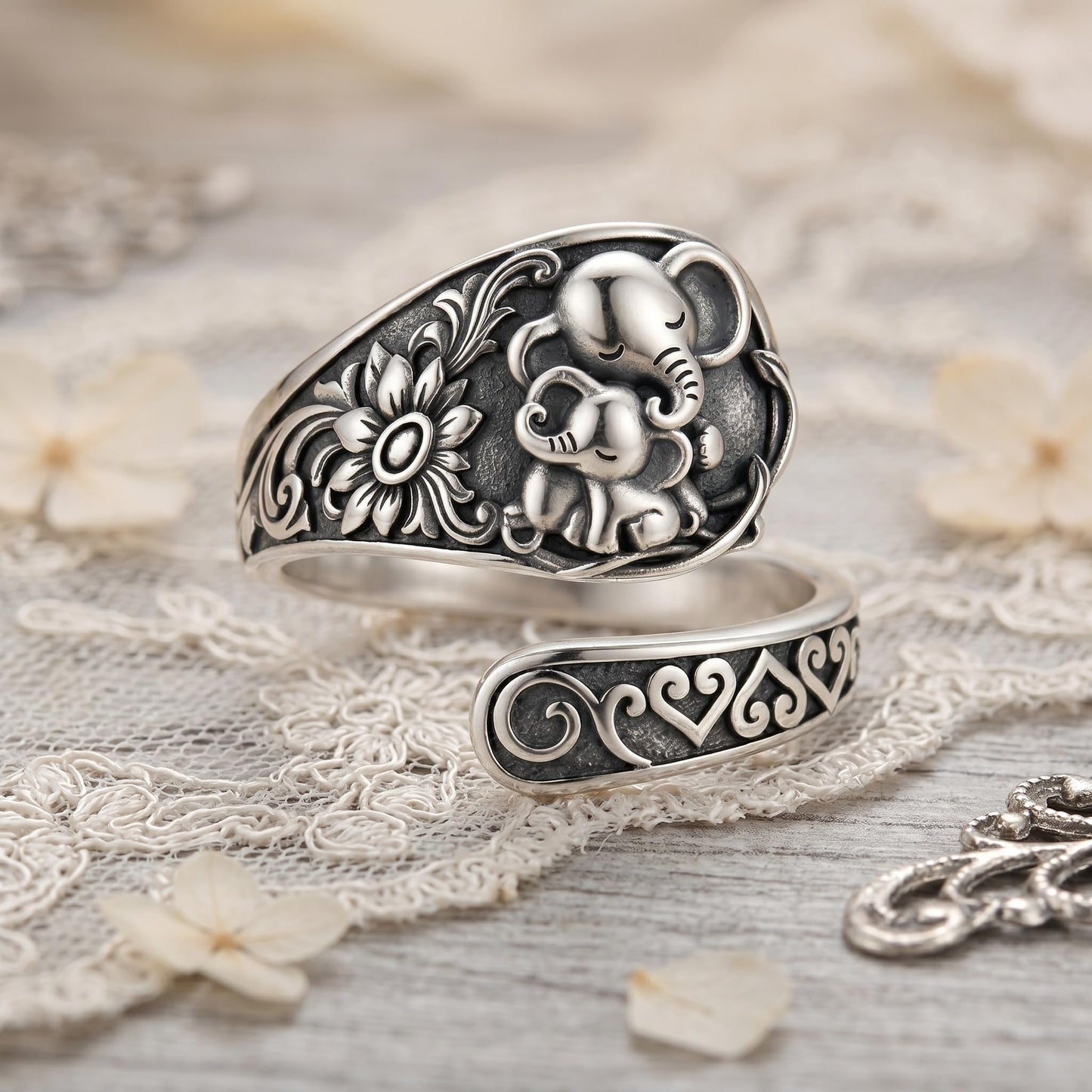Midari Elephant Ring 925 Sterling Silve Mother Daughter Open Love Spoon Ring Finger Engraved Adjustable Mother Open Spoon Thumb Rings Mom Jewelry for Women Men