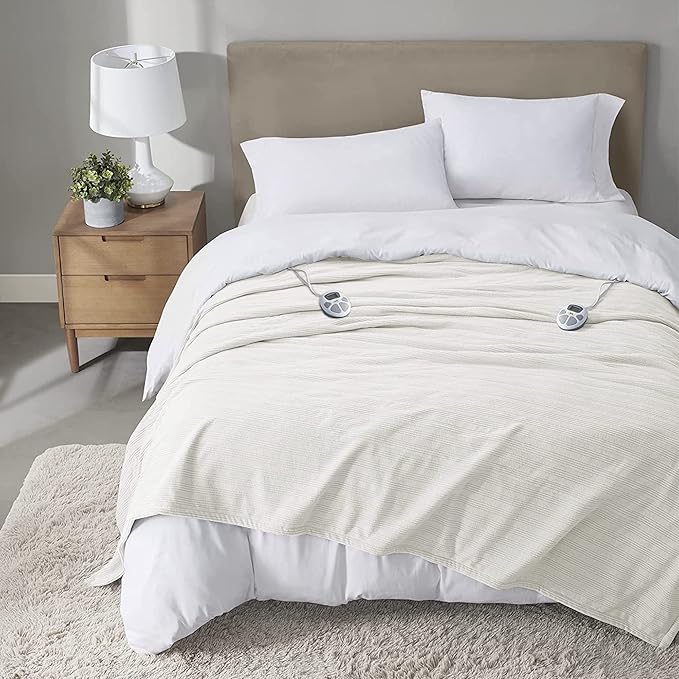 Serta Travis Fleece Ultra Soft Tri-Rib Textured Electric Blanket, Cozy and Snuggly Cover Fast Heating for Cold Weather, Auto Shut Off, Multi Heat Setting Controller, Queen, Cream