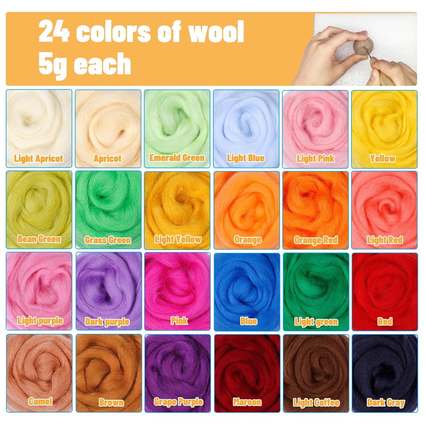JUPEAN Needle Felting Kit, Wool Roving (5g/Color), 18 Pieces Felting Needles 6 Colors, 36 Gauge, 38 Gauge, 40gauge Felting Starter Kit with Basic Felt Tools and Supplies